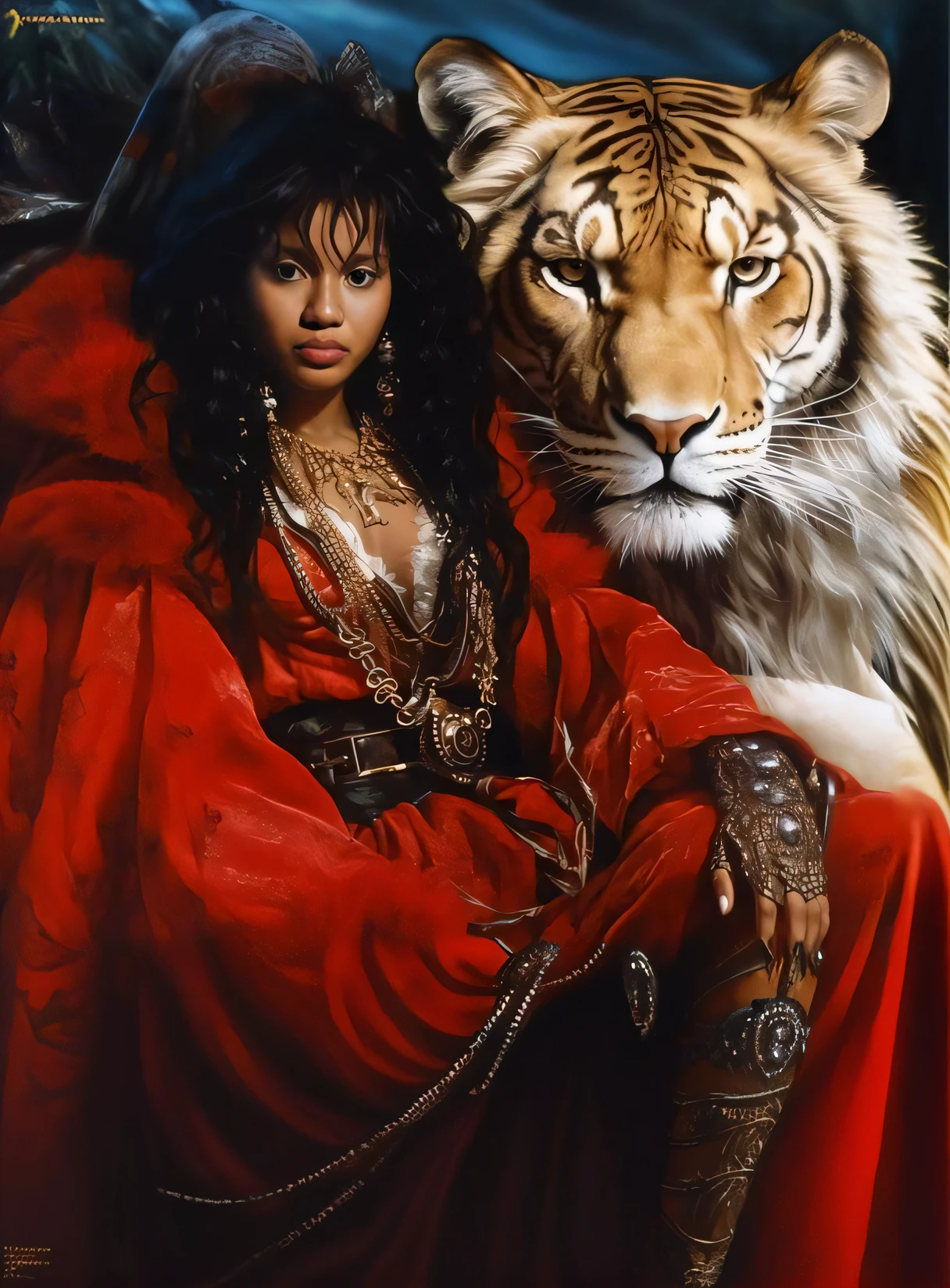 uma pintura de uma mulher em um vestido vermelho e um tigre, Rainha da Selva, olhar feroz, feroz - olhando, Directed by: Min Zhen, A magia vermelha a rodeia, feroz, olhos ferozes, Rainha persa, mulher deslumbrante, fierce expression, Deusa Rainha, Jovem Rainha Jezabel, olhar feroz e selvagem, Directed by: Thomas Blackshear, rainha bonita, mulher linda