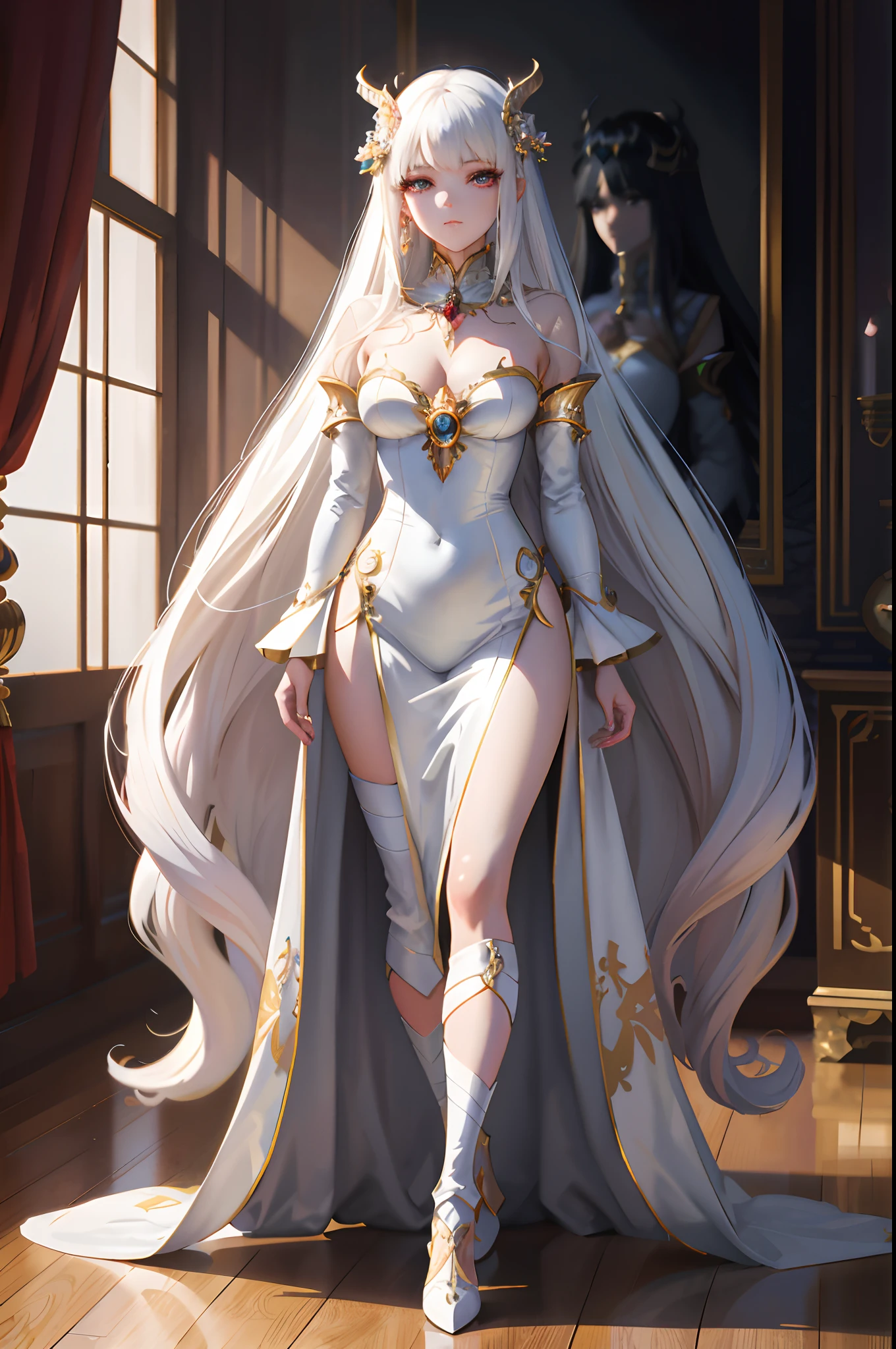 8K high quality detailed art, Anime goddess, royal elegant pose, Kushatt Krenz Key Art Women, Extremely detailed Artgerm, Fanart Meilleure ArtStation, ((a beautiful fantasy empress)), a beautiful fantasy empress, white-haired god, 2. 5 D CGI anime fantasy artwork，Delicate facial features，Angel wings，navel，Long boots