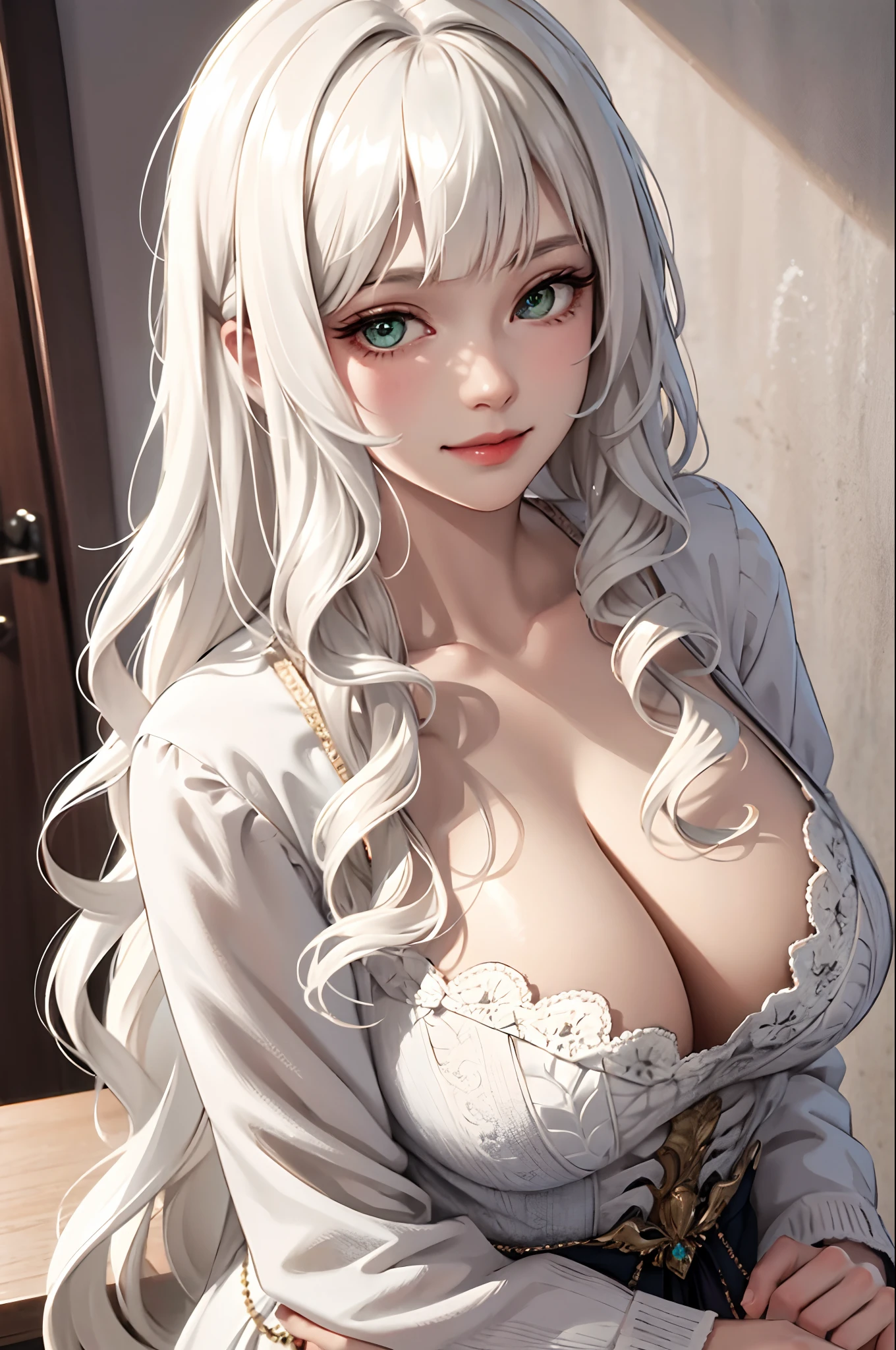 (masterpiece:1.2, best quality), (real picture, intricate details), 1lady, solo, upper body, casual, long hair, minimal makeup, natural fabrics, close-up face, smile, home, long light platinum blonde hair, bangs, wavy hair, long wavy hair, really long wavy hair, wavy platinum hair, slightly wavy hair, cute long hair, green eyes, big breasts.