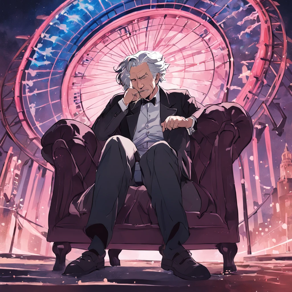 Um retrato estilizado do Dr. Albert Schweitzer in black and white sitting in a classic armchair, a reporter with a microphone in front of him. The background could be a stylized representation of London, com a London Eye e o Big Ben ao fundo, mixed with an aura of mystery and vibrant colors.