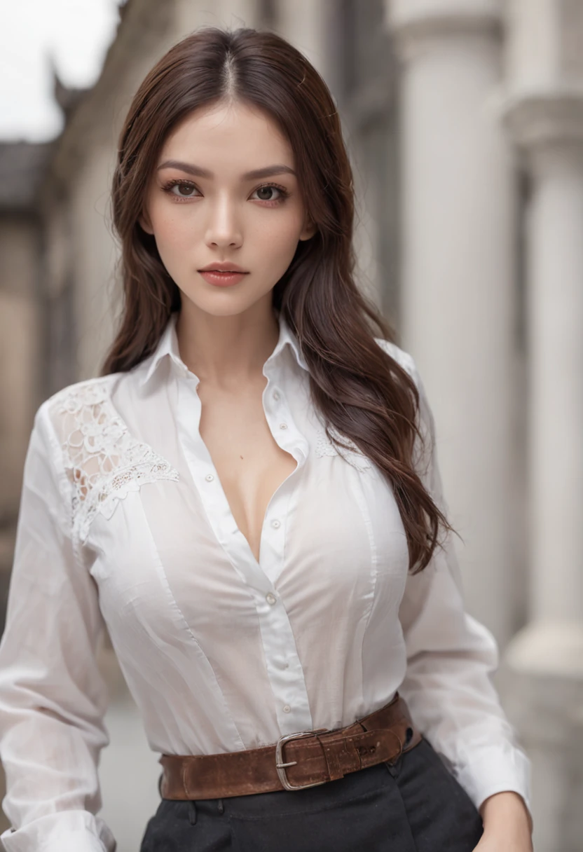 ((Best quality, 8k, Masterpiece :1.3)), Sharp focus :1.2, A pretty woman with perfect figure :1.4, Slender abs :1.2, ((Dark brown hair, Big breasts :1.2)), (White button up long shirt :1.1), City street:1.2, Highly detailed face and skin texture, Detailed eyes, Double eyelid