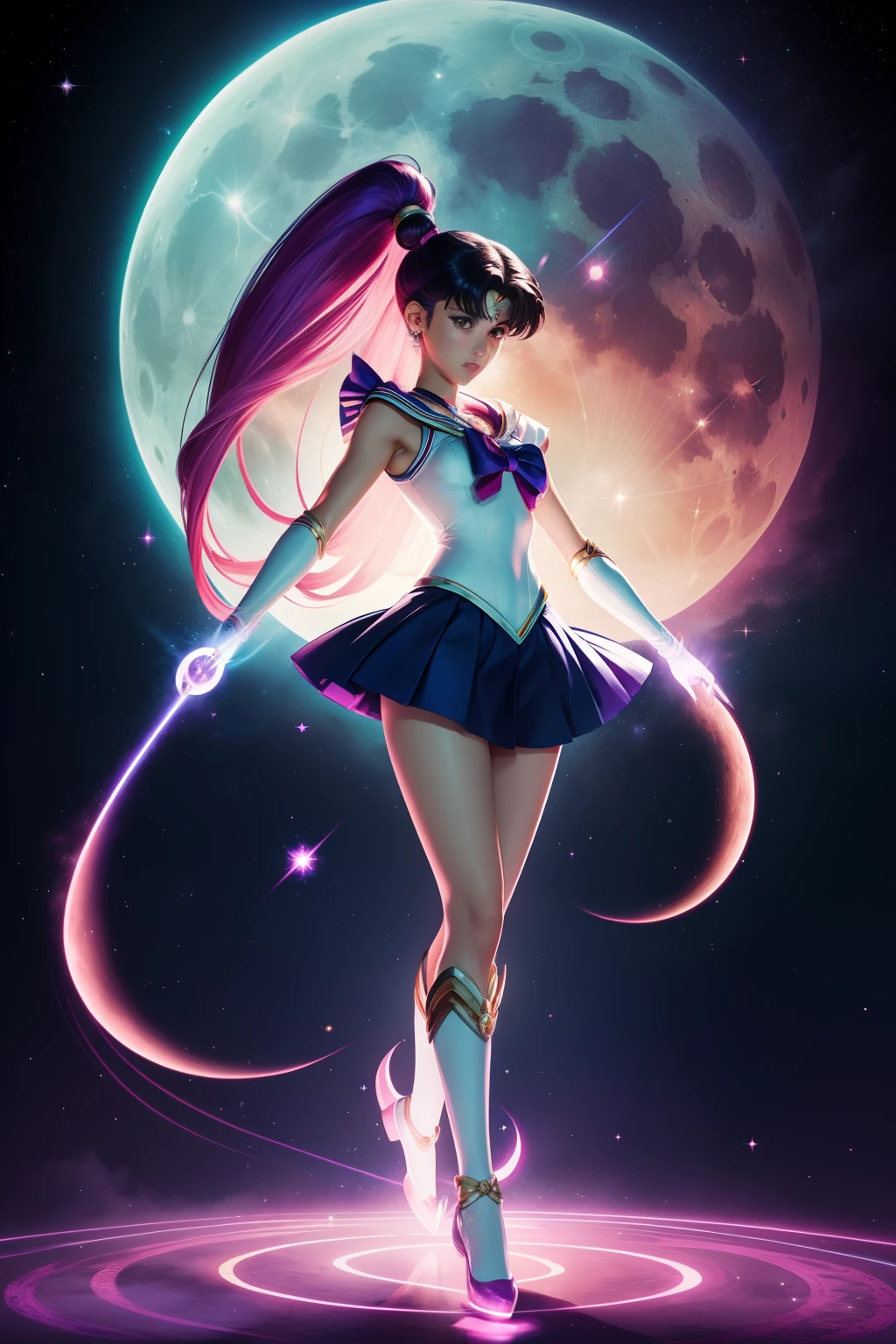 "Sailor Moon", magical girl, celestial power, iconic poses, vibrant colors, magical transformations, team of warriors, moonlight, friendship, battles against evil, high-energy action, dynamic compositions.