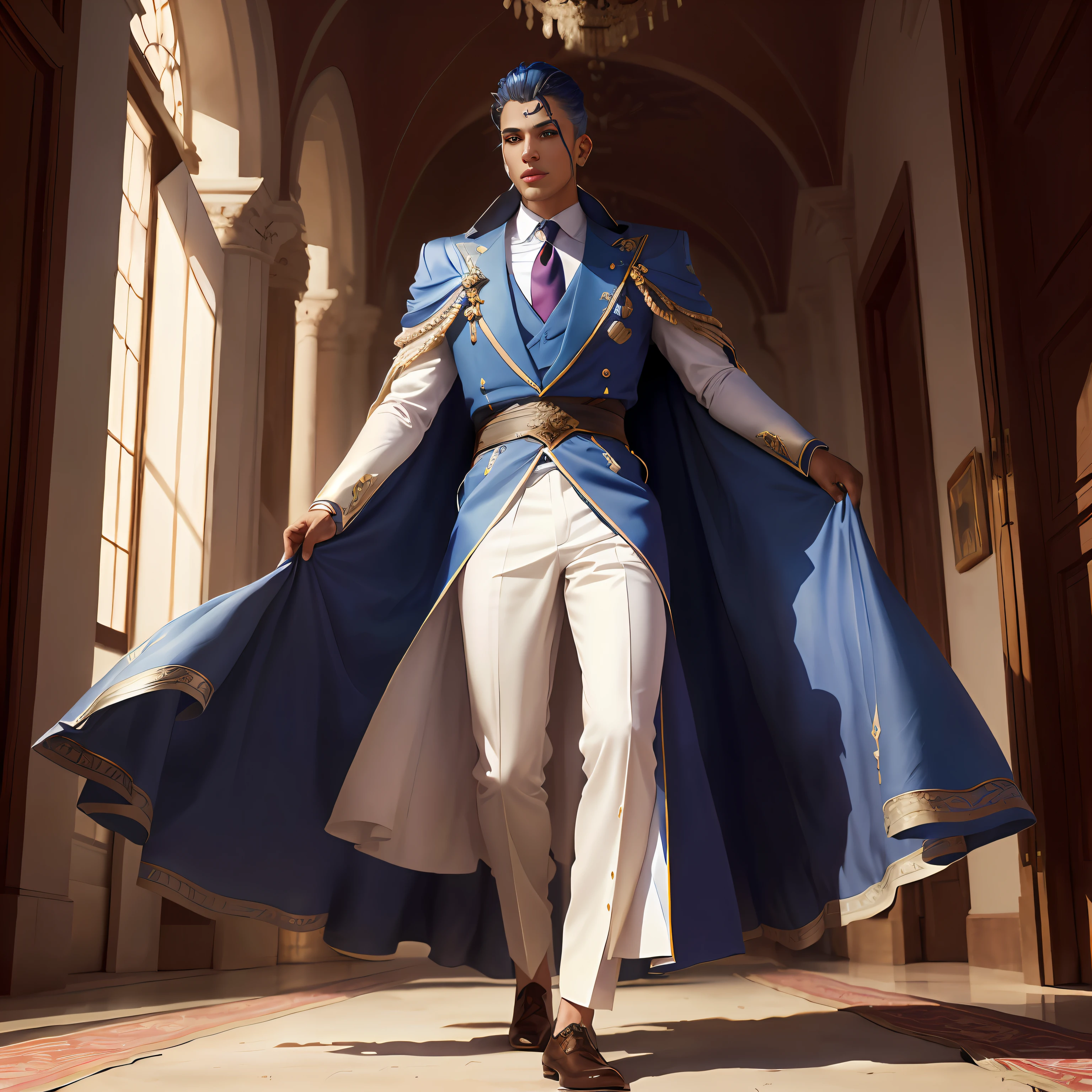 Araffe vestida con una capa azul y pantalones blancos caminando por un pasillo, epic and classy portrait, wearing fantasy formal clothing, Capturado con Canon EOS R 6, con una lujosa capa real, elegant cinematic pose, cosplay adornado, vestido con ropa cara, como personaje de Overwatch, Llevar una capa de rey, Filmada con Sony A 7 III, beautiful androgynous prince