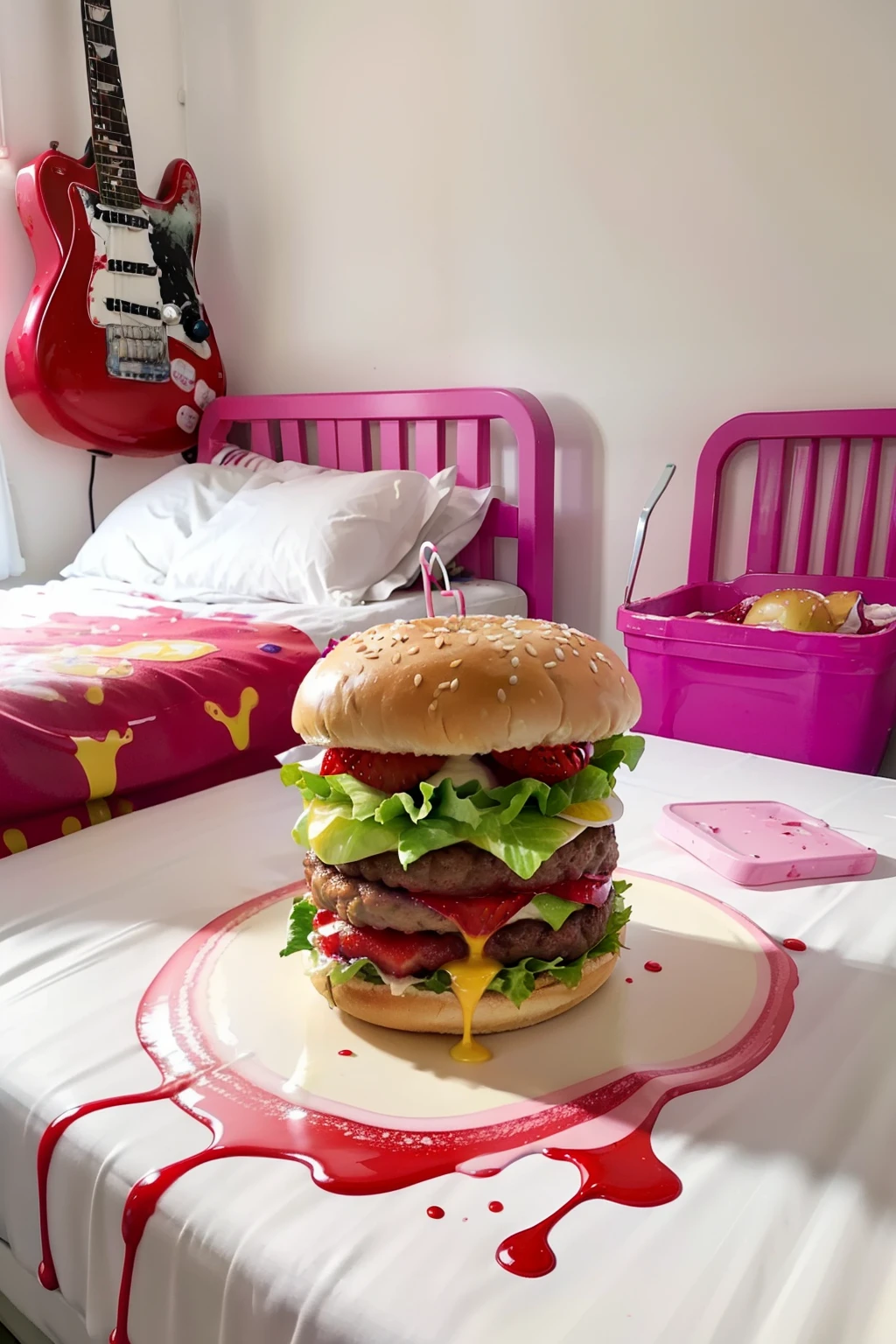 Lots of hamburgers in bed、(Hamburger splattered with colorful paint)、Burgers are stained with colorful paint,a bucket with a lot of paint,,,Paint overflowing from a bucket, (Sneakers stained with paint on the bed),Strawberries on the beds、Strawberry jam overflowing in the beds,whipped cream、Fender Guitar