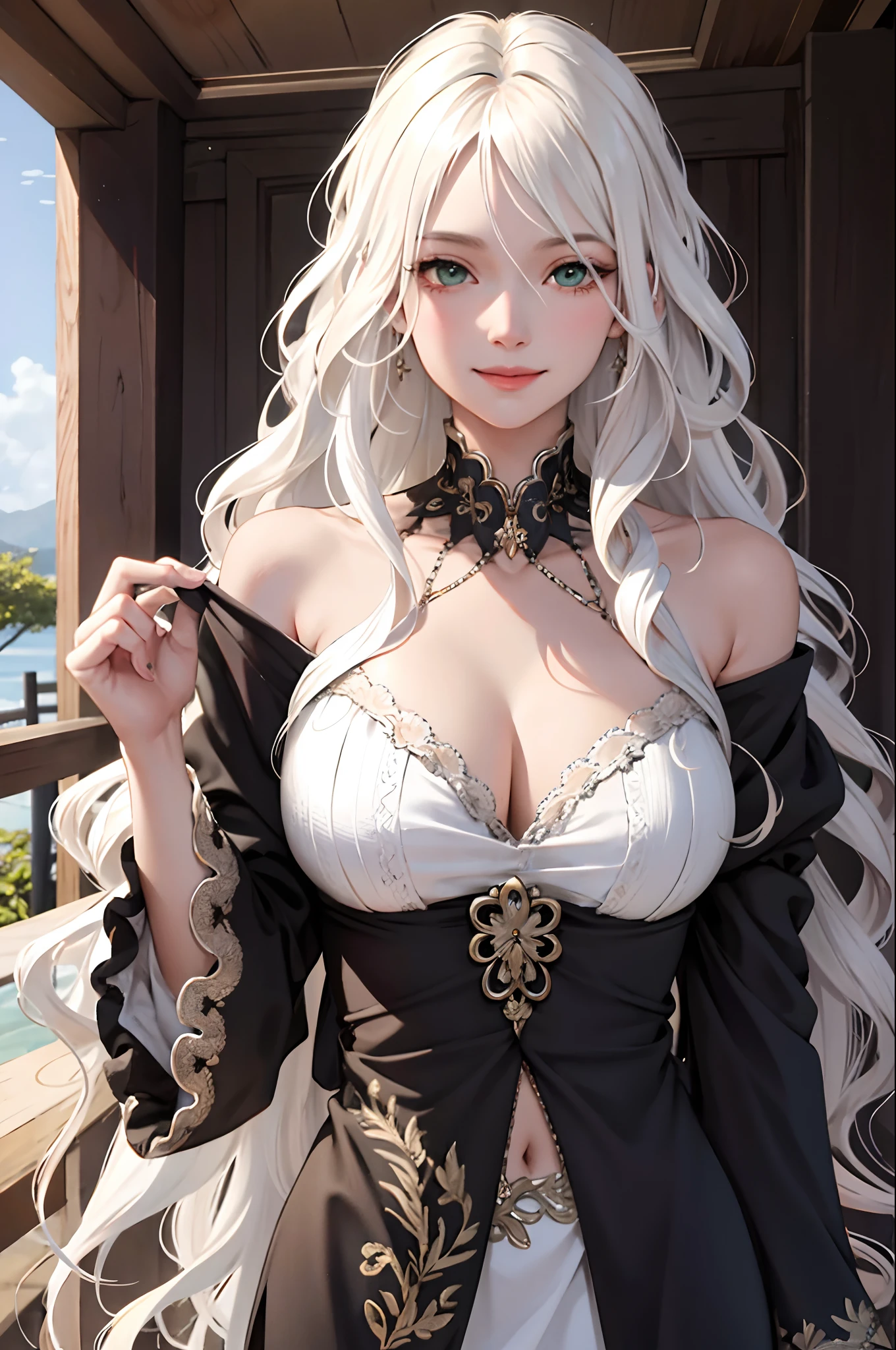 realistic, 1 women, best quality, 12k, HD, long hair, big round breasts, cleavage, ponytail, necklace, jewelry, shorts, short jacket, slim hips, hair tie, yellow eyes, black hair, super detailed, Eye details, hair details, person details, mouth details, face details, breast details, clothes details, hair details, pants details, hand details, whole body