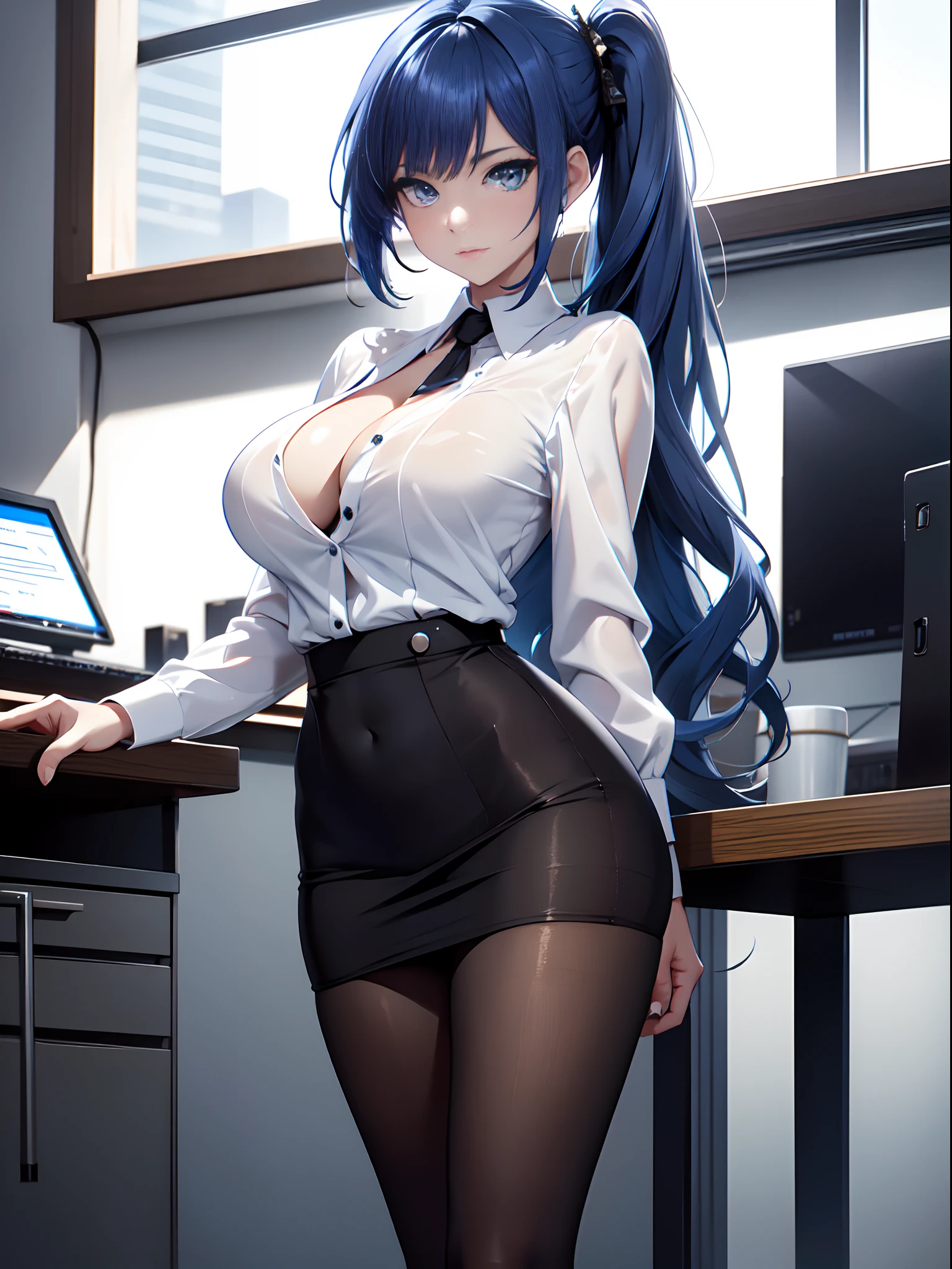 absurderes, 8K ,A high resolution, Ultra detailed, Beautiful, Masterpiece, Best quality, (Beautiful and delicate silver eyes), (1girll) ,A sexy beautiful young woman working as office OL (Office Lady),white button-down blouse，There is a collar,Black Slit Skirt,(Black pantyhose),Long legs ,Detailed legs,High heels,Side ponytail , bangs,full bodyesbian,Big breasts,cleavage,Blue hair，