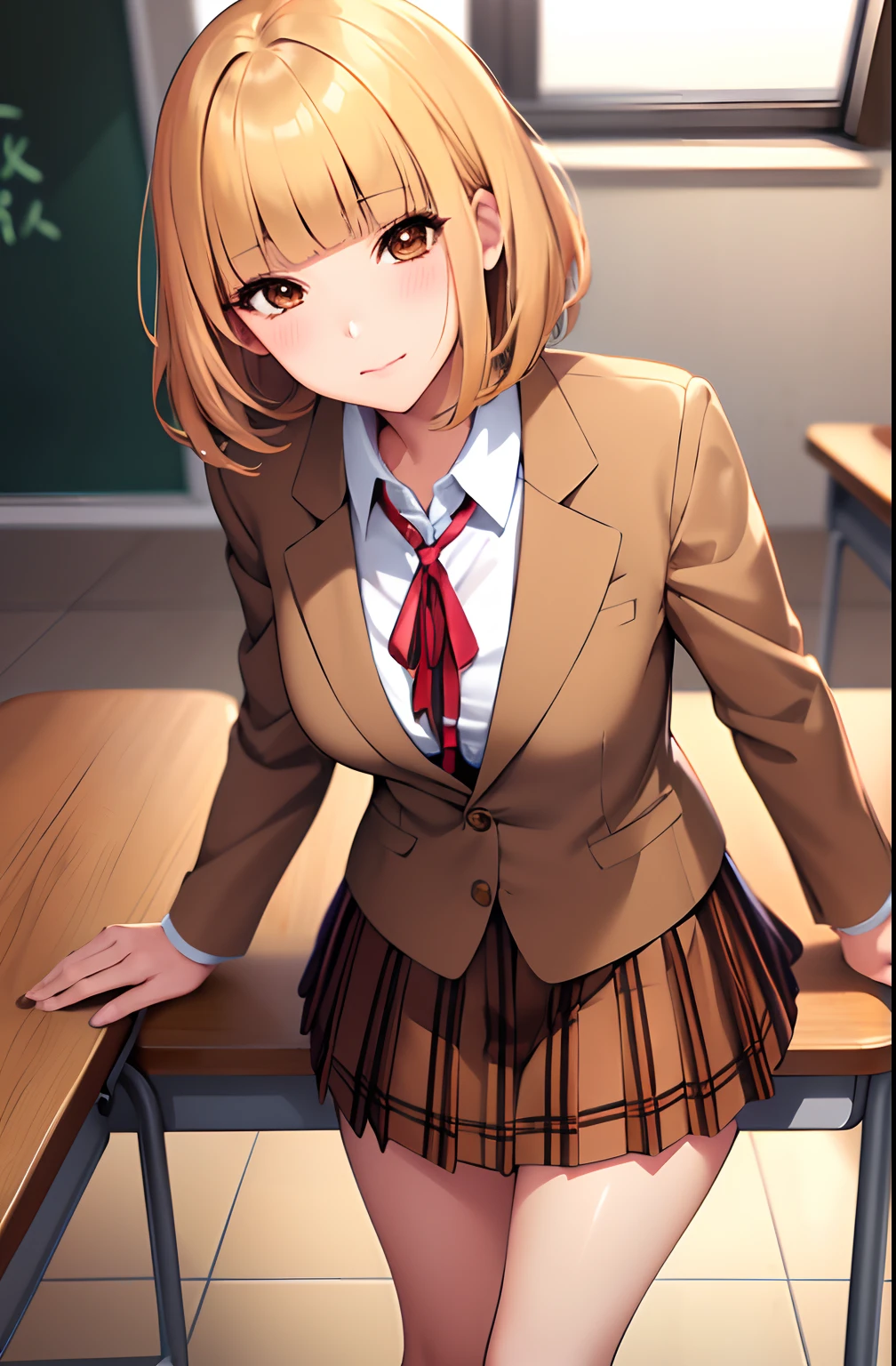 (masterpiece,best quality, detailed), 1girl, solo, classroom, indoors,closed mouth,
midorikawa hana, brown jacket, neck ribbon, collared shirt, school uniform, plaid skirt, loafers, squinting, eyelashes