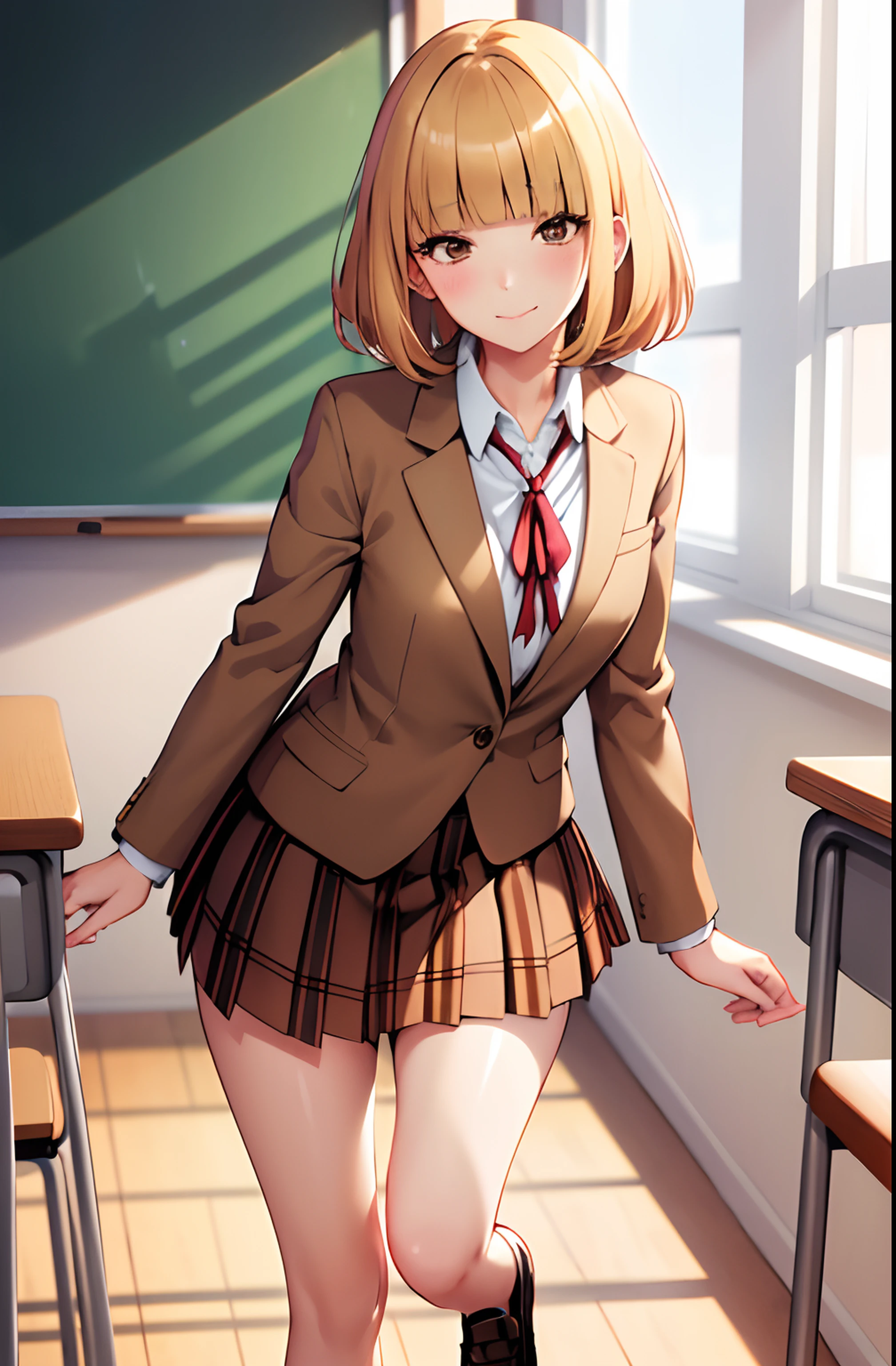 (masterpiece,best quality, detailed), 1girl, solo, classroom, indoors,closed mouth,
midorikawa hana, brown jacket, neck ribbon, collared shirt, school uniform, plaid skirt, loafers, squinting, eyelashes