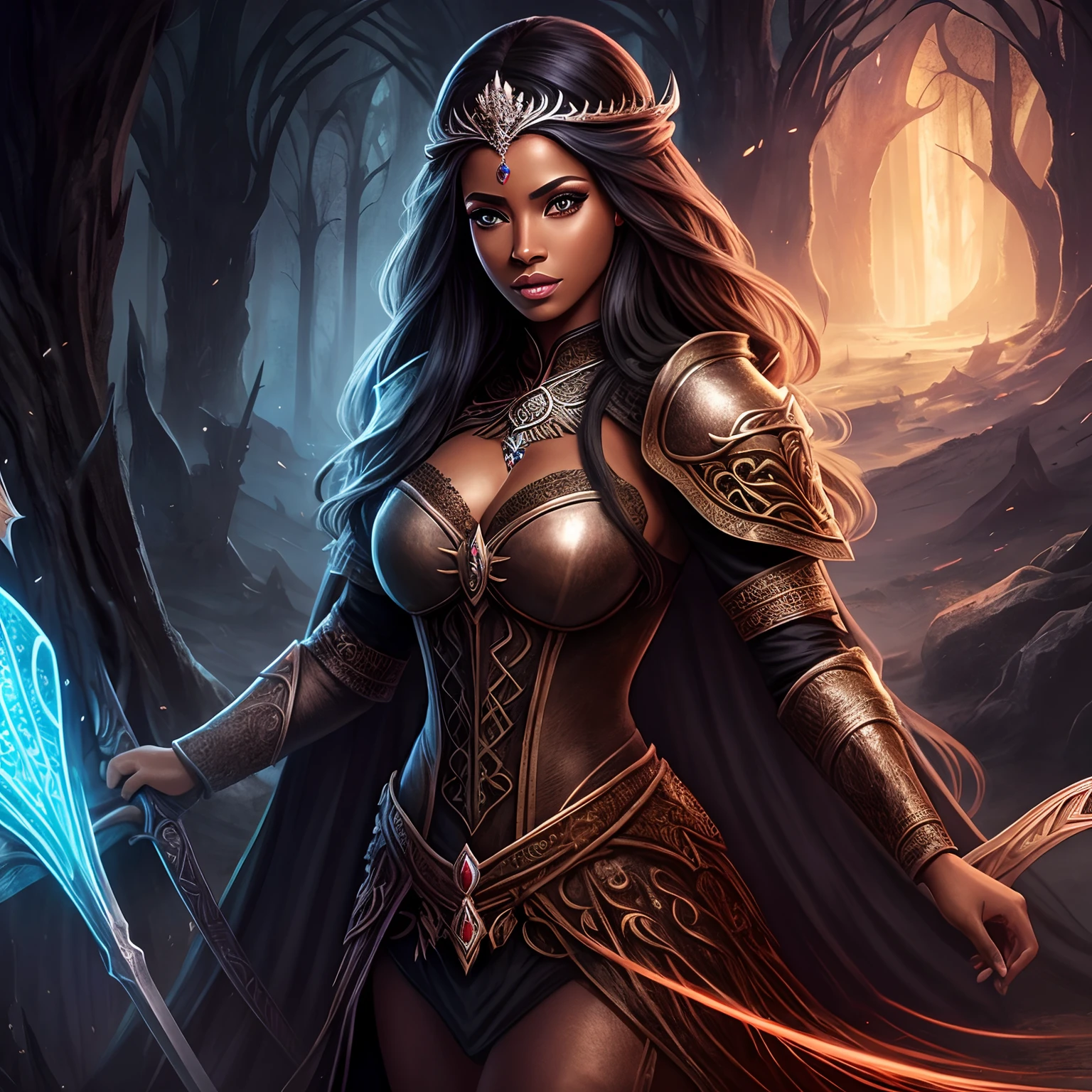 mulher elfa necromante, sexy, pele clara, lua, noite, escuro, linda, cabelos brancos, olhos vermelhos, roupa preta, brilho, hiperrealista, concept art, medieval, epic, fantasia, princesa, guerreira, floresta, montanhas, 2.5d cgi