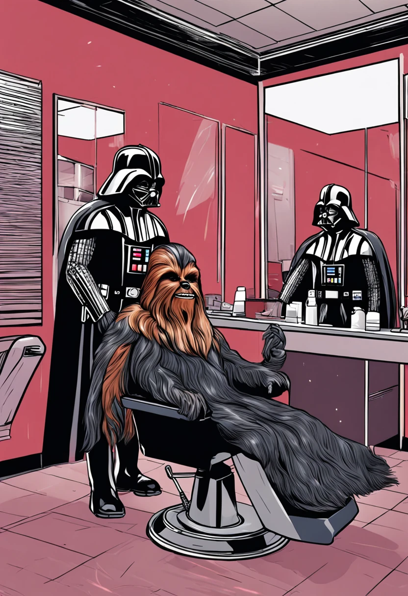 "(Darth Vader cutting Chewbacca's hair at a hair salon) with incredible detail, qualidade excepcional, unique atmosphere, lighting dramatic, sombras realistas, striking expressions, ambiente futurista, dramatic contrasts, efeitos especiais impressionantes, atmosphere of mystery and immersive realism."