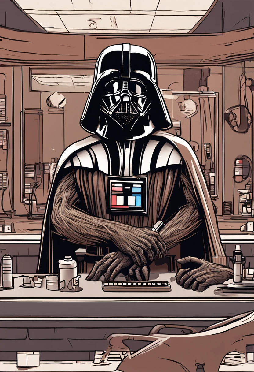 "(Darth Vader cutting Chewbacca's hair at a hair salon) with incredible detail, qualidade excepcional, unique atmosphere, lighting dramatic, sombras realistas, striking expressions, ambiente futurista, dramatic contrasts, efeitos especiais impressionantes, atmosphere of mystery and immersive realism."