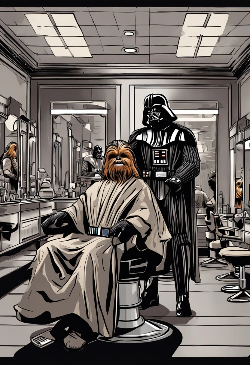 "(Darth Vader cutting Chewbacca's hair at a hair salon) with incredible detail, qualidade excepcional, unique atmosphere, lighting dramatic, sombras realistas, striking expressions, ambiente futurista, dramatic contrasts, efeitos especiais impressionantes, atmosphere of mystery and immersive realism."