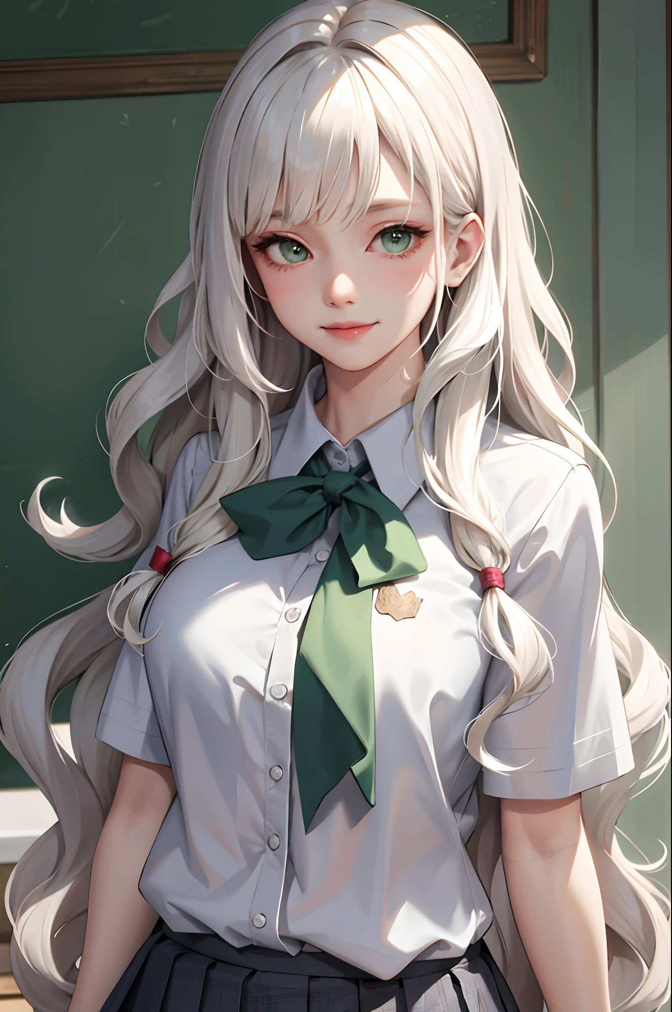 (masterpiece:1.2, best quality), (real picture, intricate details), 1lady, solo, upper body, casual, long hair, minimal makeup, natural fabrics, close-up face, smile, home, long light platinum blonde hair, bangs, Korean bangs, wispy bangs, cute bangs, wavy hair, long wavy hair, really long wavy hair, wavy platinum hair, slightly wavy hair, cute long hair, green eyes, big breasts, cute school uniform, school uniform, pleated skirt, pleated school skirt, school t-shirt.