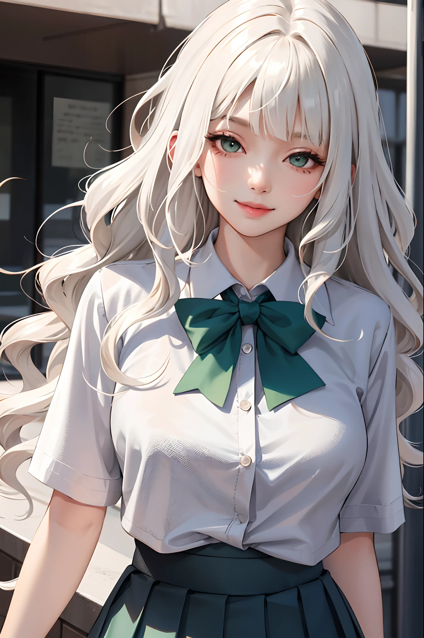 (masterpiece:1.2, best quality), (real picture, intricate details), 1lady, solo, upper body, casual, long hair, minimal makeup, natural fabrics, close-up face, smile, home, long light platinum blonde hair, bangs, Korean bangs, wispy bangs, cute bangs, wavy hair, long wavy hair, really long wavy hair, wavy platinum hair, slightly wavy hair, cute long hair, green eyes, big breasts, cute school uniform, school uniform, pleated skirt, pleated school skirt, school t-shirt.