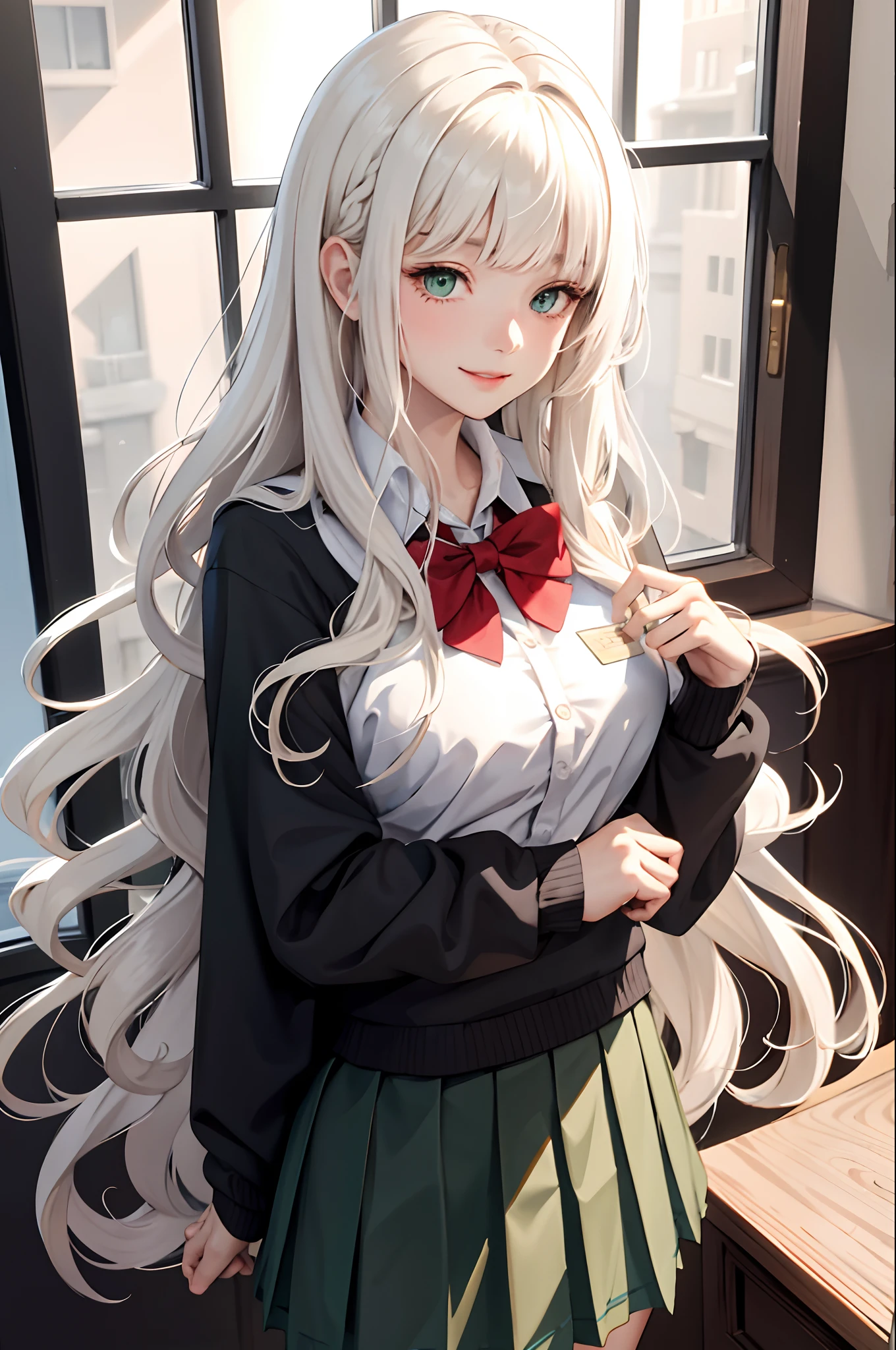 (masterpiece:1.2, best quality), (real picture, intricate details), 1lady, solo, upper body, casual, long hair, minimal makeup, natural fabrics, close-up face, smile, home, long light platinum blonde hair, bangs, Korean bangs, wispy bangs, cute bangs, wavy hair, long wavy hair, really long wavy hair, wavy platinum hair, slightly wavy hair, cute long hair, green eyes, big breasts, cute school uniform, school uniform, pleated skirt, pleated school skirt, school t-shirt.