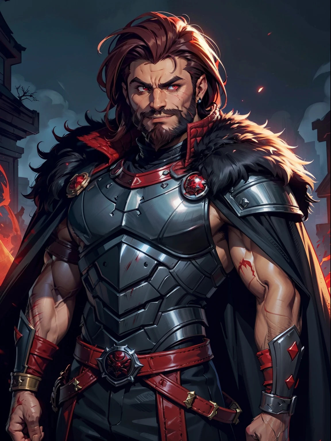 Dark night blood moon background, Darkest dungeon style, game portrait, Sadurang from Marvel, hunk, buffed physics, short mane hair, mullet, defined face, detailed eyes, short beard, glowing red eyes, dark hair, wily smile, badass, dangerous, wearing armor set of red dragon scales, cape of furs