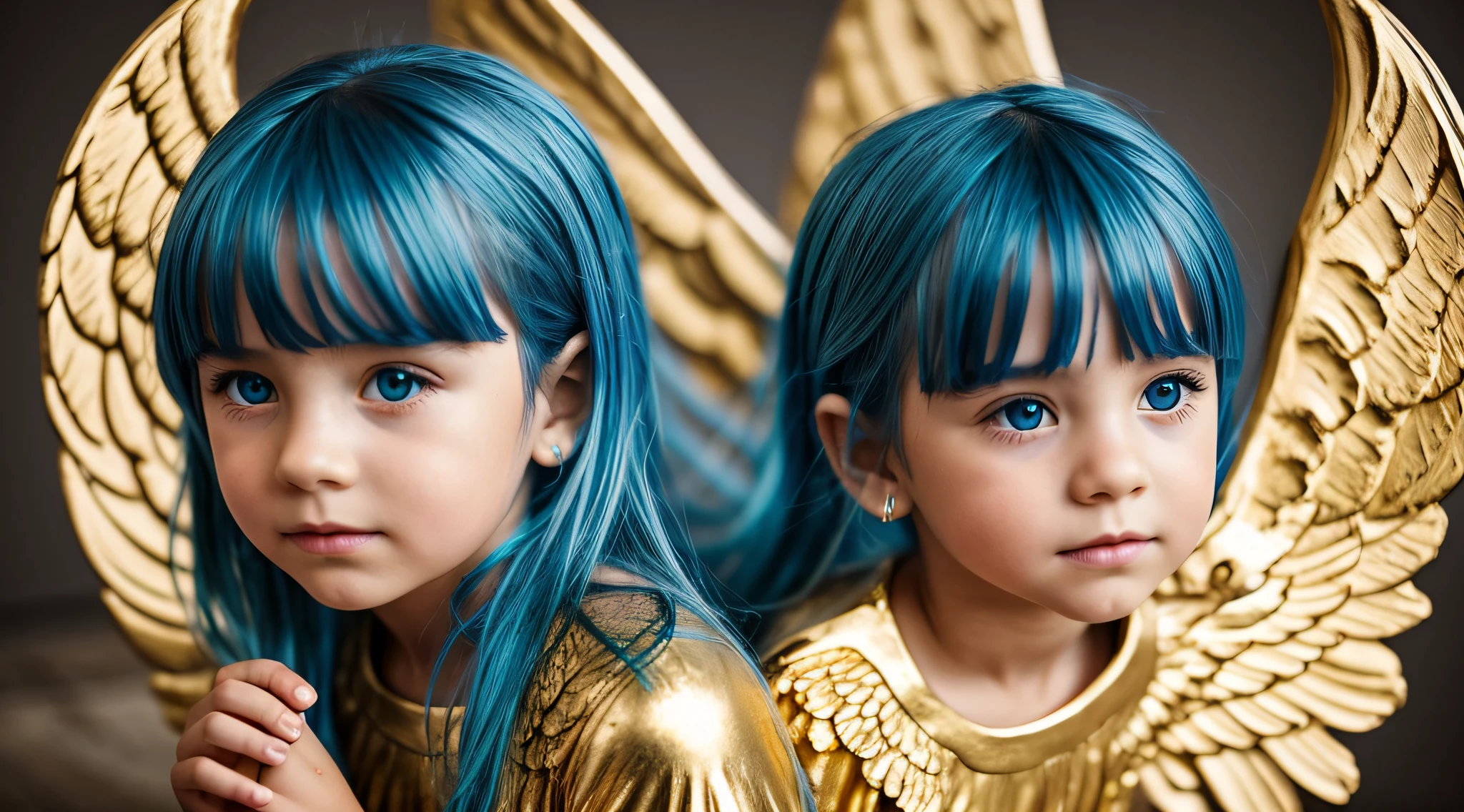 CHILDREN BLUE HAIR GOLDEN ANGEL GIRL.
