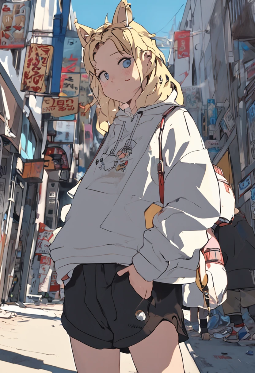 bobo head,Long black sweatshirt,denim short,White sneakers,Anime shoujo,On the street,Bright sunshine