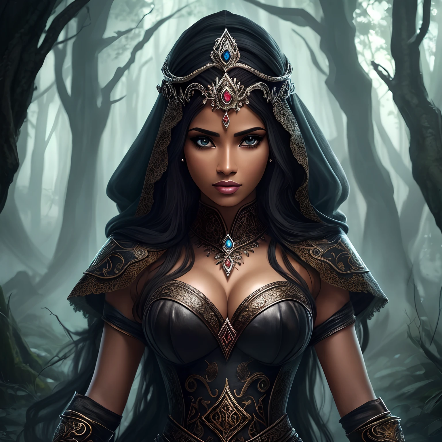 mulher elfa necromante, sexy, pele clara, lua, noite, escuro, linda, cabelos brancos, olhos vermelhos, roupa preta, brilho, hiperrealista, concept art, medieval, epic, fantasia, princesa, guerreira, floresta, montanhas, 2.5d cgi