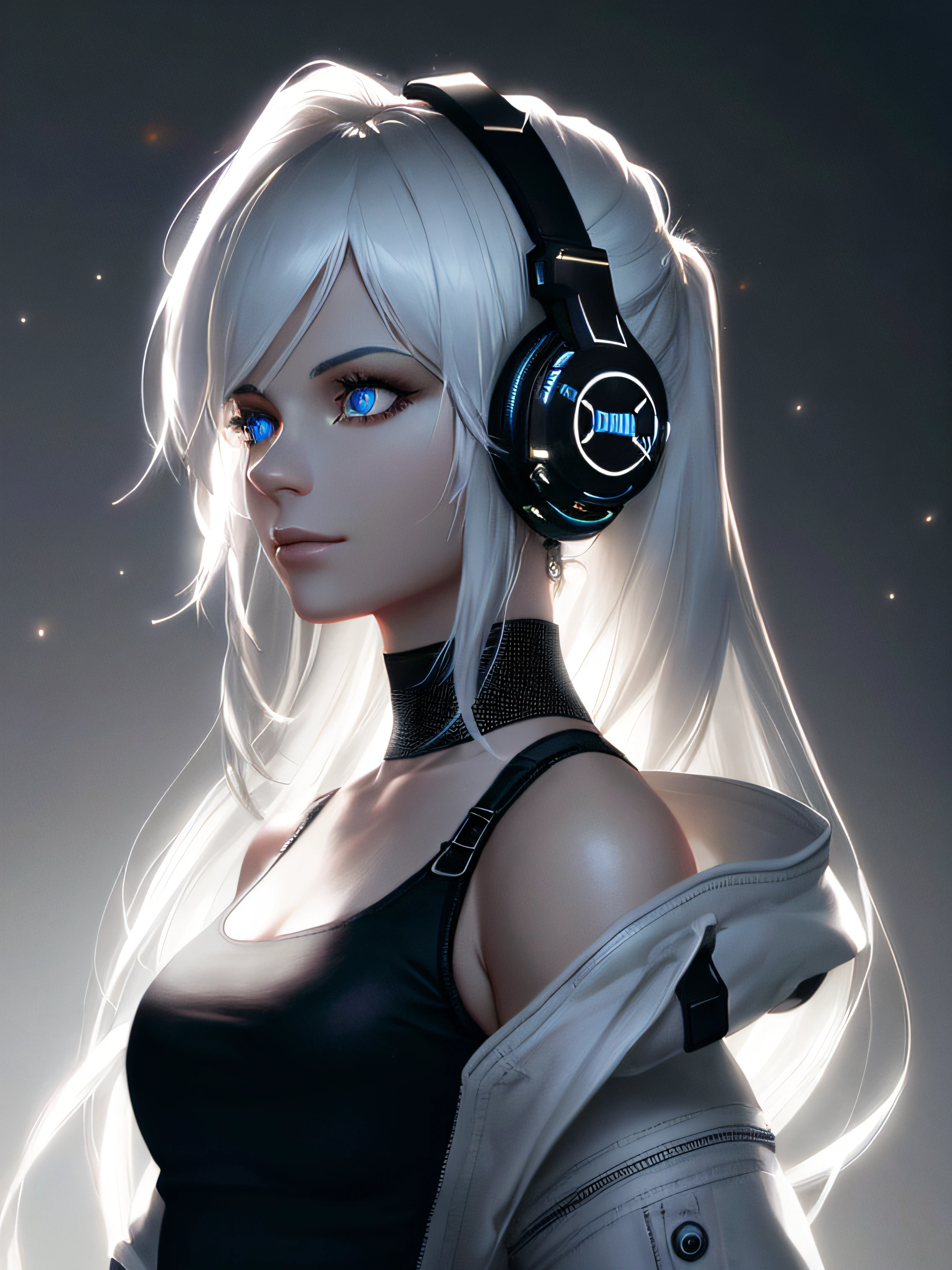 (on the moon, space, looking back into earth), white hair, black tank top, volumetric lighting, white jacket, glowing headphone, cyberpunk, futuristic, multi-color eyes, detailed eyes, hyper detailed,light smile,
highly detailed, beautiful, small details, ultra detailed, best quality, intricate, hyperrealism, sharp, digital illustration, detailed, realism, intricate, 4k, 8k, trending on artstation, good anatomy, beautiful lighting, award-winning, photorealistic, realistic shadows, realistic lighting, beautiful lighting, raytracing, intricate details, moody, rule of thirds, masterpiece, (illustration:1.1), highres, (extremely detailed CG, unity, 8k wallpaper:1.1), beautiful face, highly detailed face, ultra realistic, masterpiece, bokeh, extremely detailed, intricate, zoomout,
colorful, vibrant colors, red nail polish, side view,