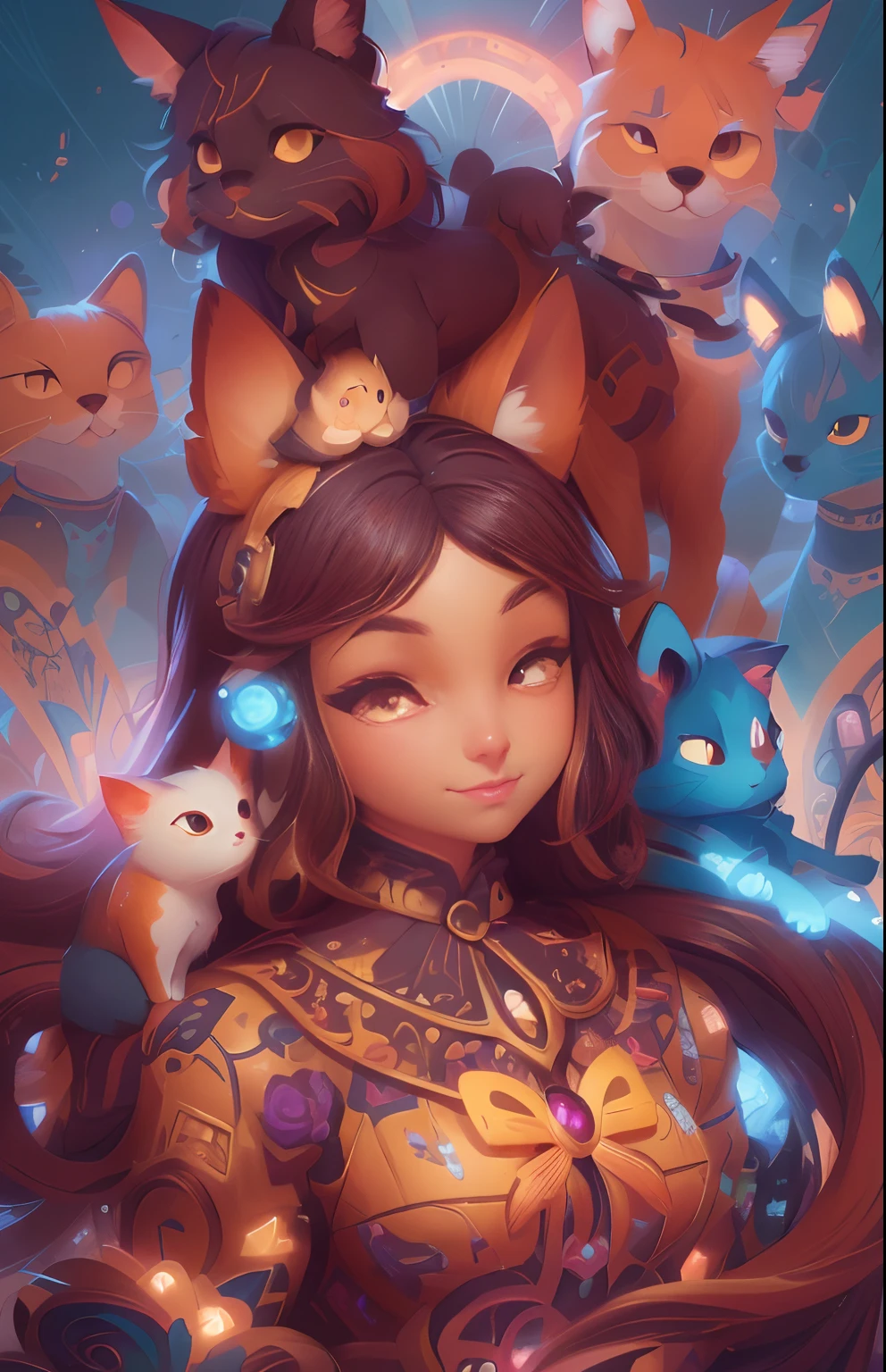 There are many cats, which stand on the shoulders of a woman, beeple and jeremiah ketner, cute detailed digital art, detailed digital anime art, 8k high quality detailed art, artgerm julie bell beeple, highly detailed 4k digital art, furry fantasy art, anime fantasy illustration, adorable digital painting, fantasy art style, 4k detailed digital art