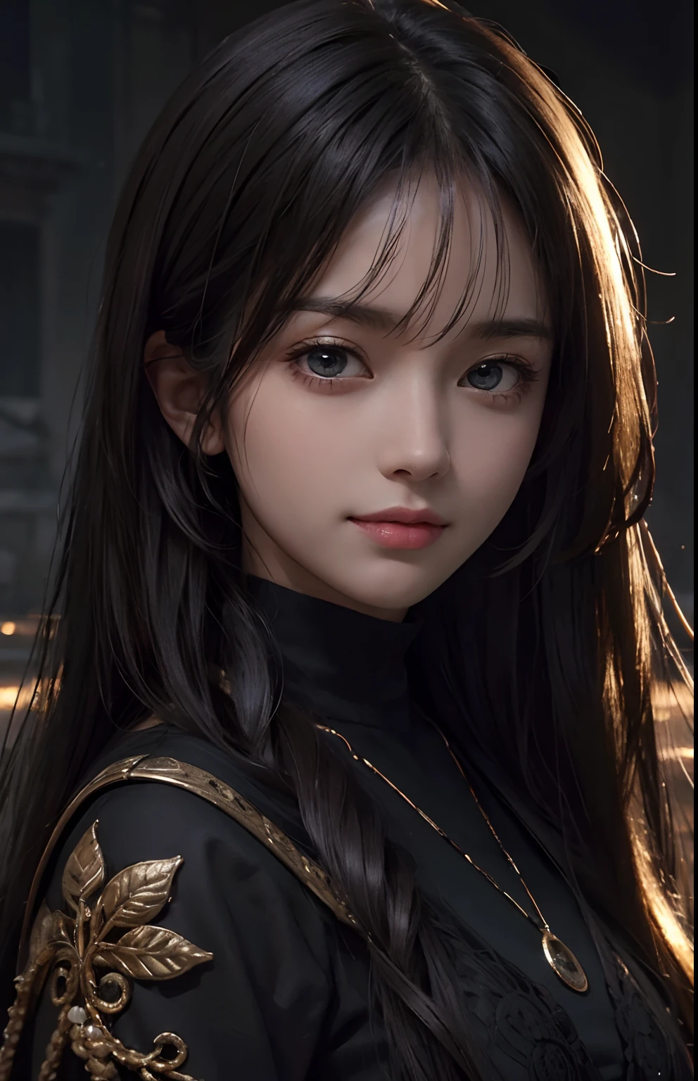 A close up of a woman with long hair wearing a black dress - SeaArt AI