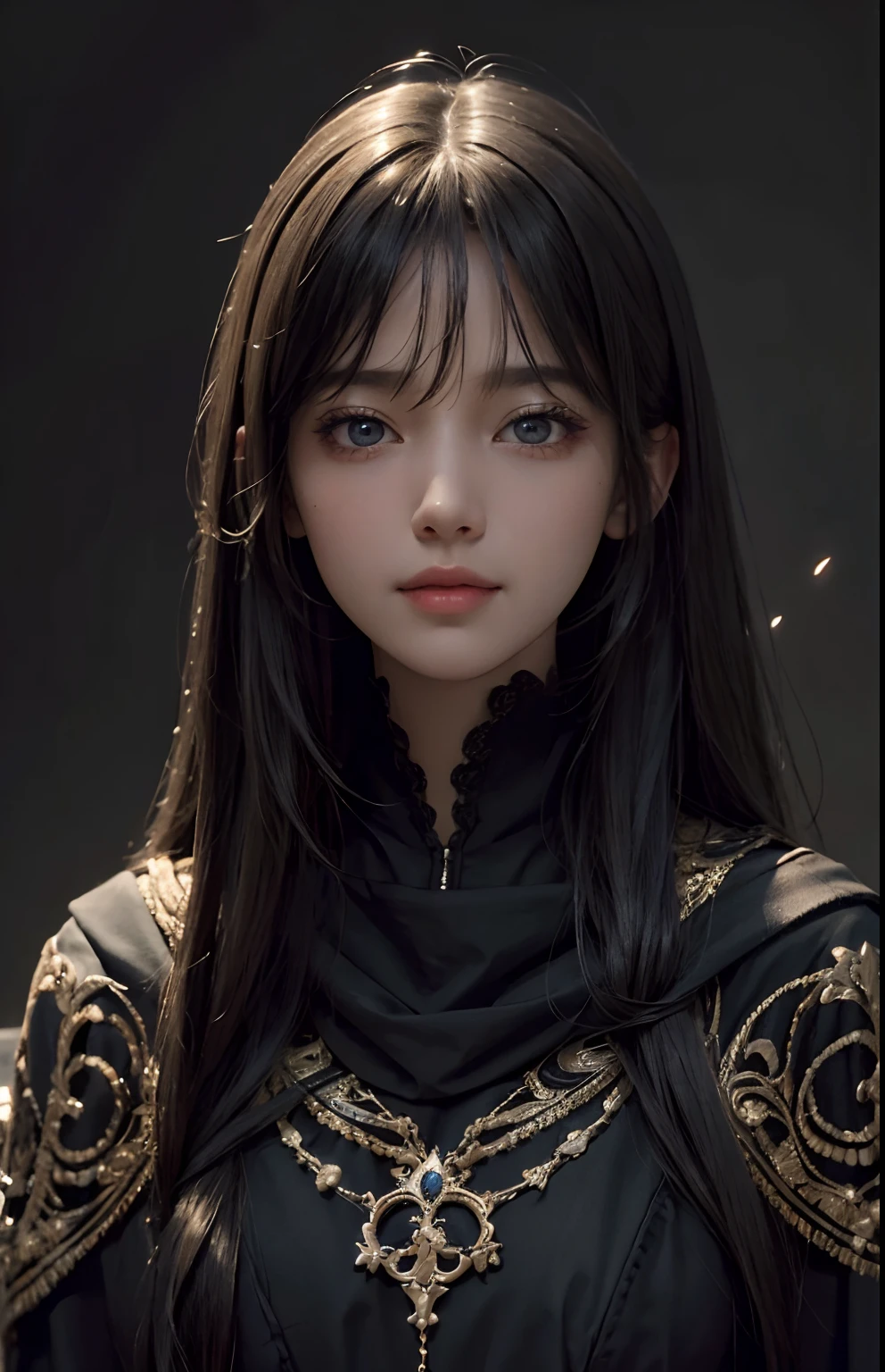 (Ultra Realistic), (Illustration), (Increased Resolution), (8K), (Extremely Detailed), (Best Illustration), (Beautiful and Detailed Eyes), (Best Quality), (Ultra Detailed), (Masterpiece ), ( wallpaper), (detailed face), solo, 1 girl, looking at viewer, fine details, detailed face, in the dark, deep shadows, low key, pureerosfaceace_v1, smiling, long hair, black shawl straight hair , 46 points oblique bangs