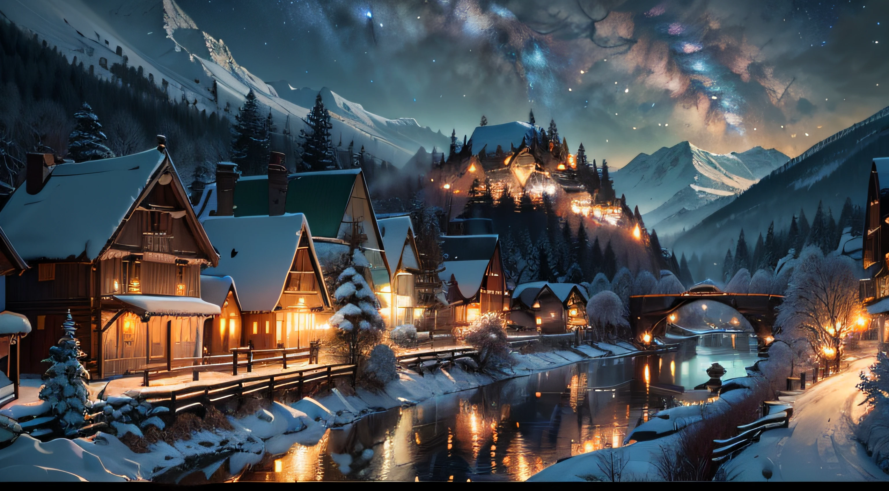 (8K resolution, highest quality, super detailed, elegant, tree details, river details, rolling valleys, (far view), forest, dreamy night sky, lights, wooden houses, lush leaves, town lights, distant mountains, beautiful volume light effects ), Wide Angle, (8k), (4k), (Masterpiece), (Best Quality),