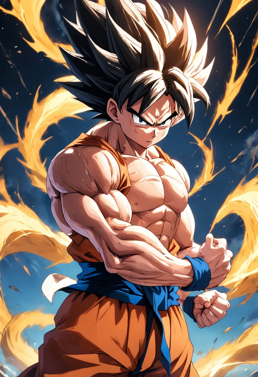 dragon ball goku, retrato de corpo inteiro, um pouco realista, Facial features are carefully described, estilo escurom orifundidade de campos, renderizado, melhor qualidade, 8k foco nitido nos olhos, anatomia correta, com cabelos loiros, com olhos vermelhos, Hate Skewering, Looking at the ground in great anger, dano de batalha, cabelo loiro, faixa azul, dentes cerrados, furioso, foco masculino, musculoso, macho musculoso, peitorais, faixa, solo, cabelo espetado, super saiyan, super saiyan 1, dentes, homem em topless, roupas rasgadas, pulseira