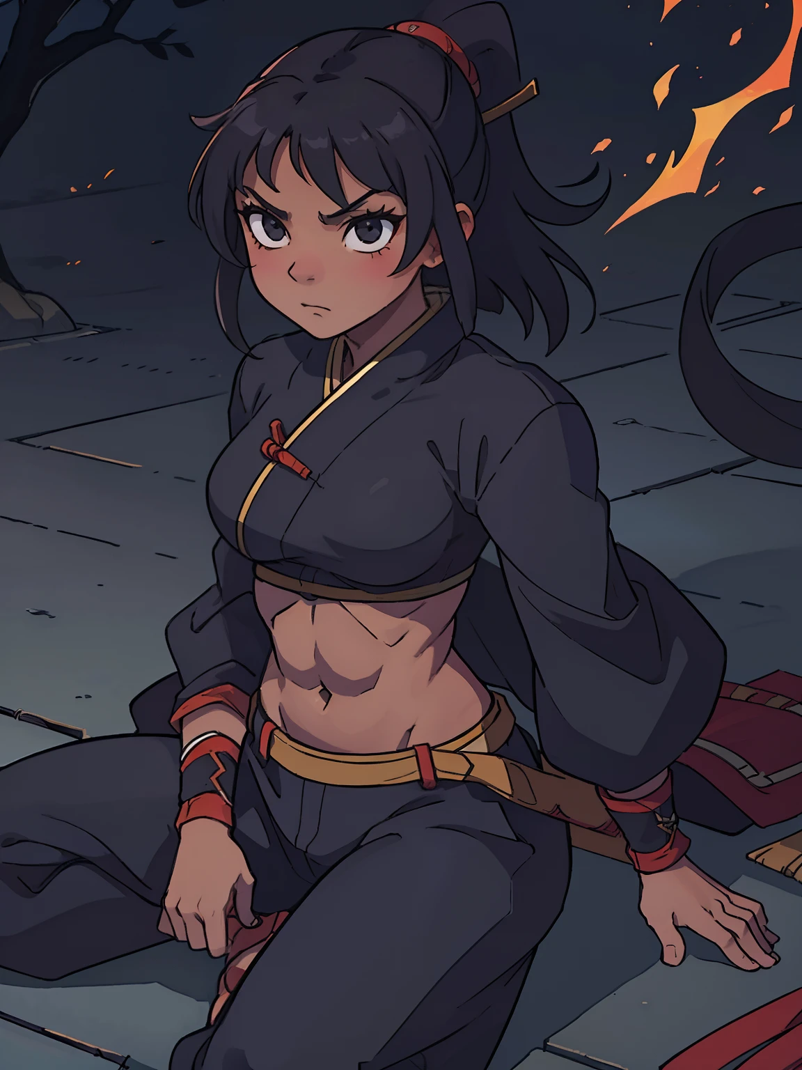 A dark-skinned kunoichi calmly sitting in the shadows, baggy samurai clothes, feminine curves, strong abs and very lean musculature.