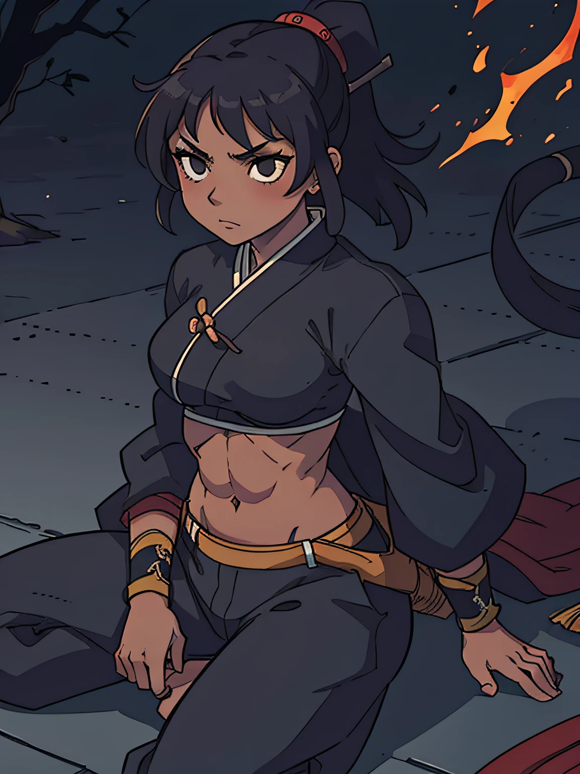 A dark-skinned kunoichi calmly sitting in the shadows, baggy samurai clothes, feminine curves, strong abs and very lean musculature.