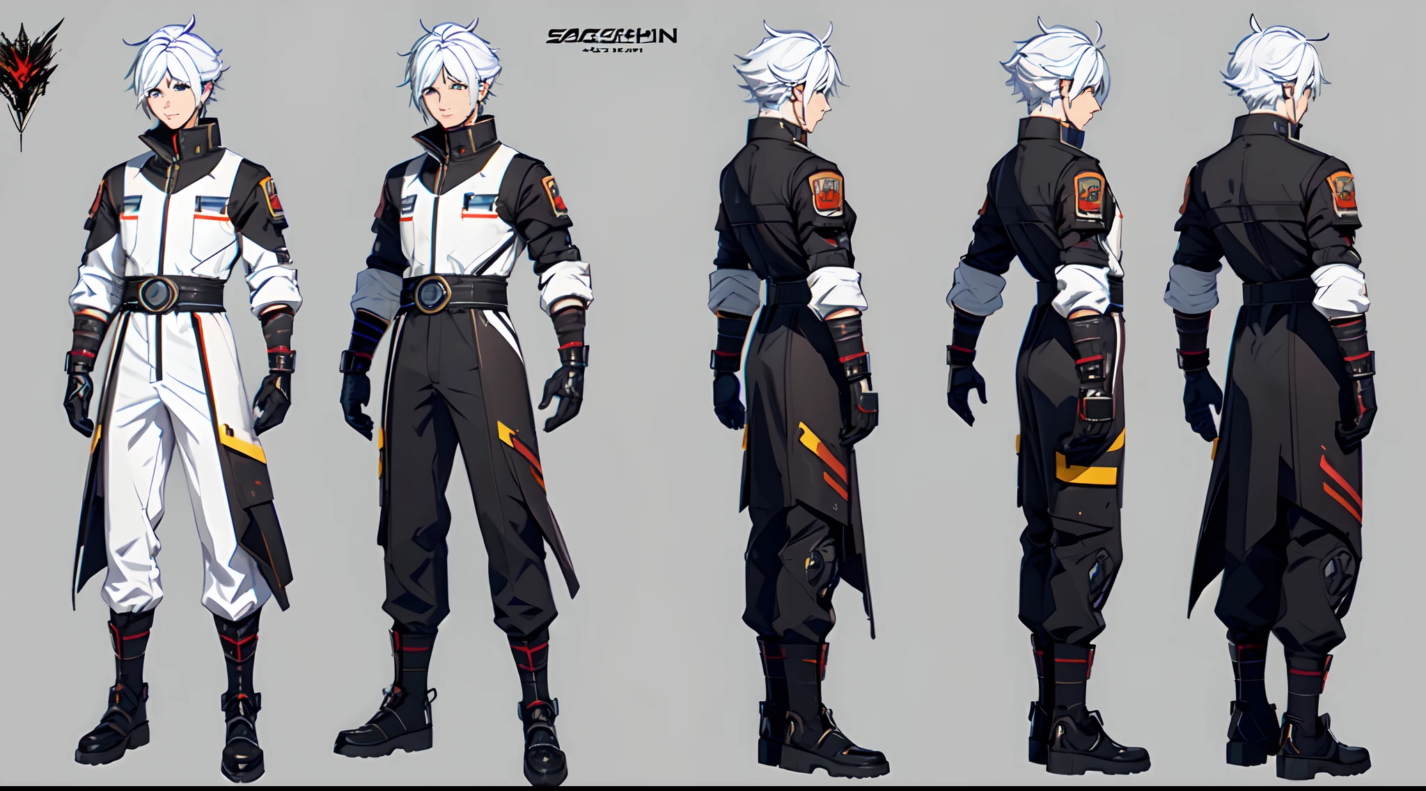White cyberpunk, ((character concept art)), Концепция Genshin Impact, ((Character design sheet, same character, on front, from on the side, At the back)) Character image, Video game character design, Video game character design, The hair is silver with a gold parting, eyecolor: Heterochromia: One eye is golden , the other is brown, SCI-FI Одежда, He wears gloves on his hands, Wears special mechanical boots. Weapon - katana of light