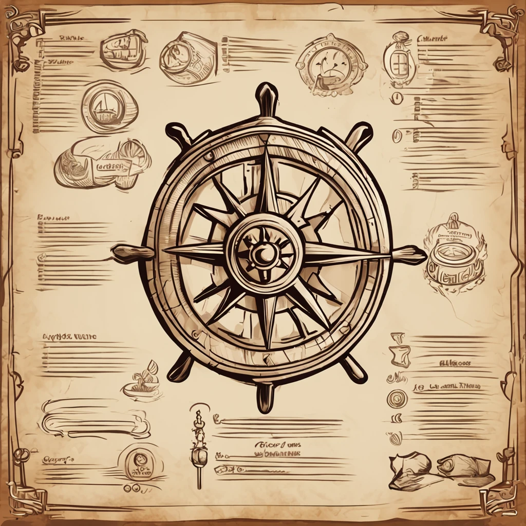 A close-up of a menu with a ship wheel and various icons, Interface do jogo, Interface do jogo, pirate setting, Jogo HUD, game ui asset design, Placa UI, arte do item, game icon asset, game icon stylized, Estilo de cor de Hearthstone, health bar hud, foto menu do restaurante, Captura de tela do PC, tela do jogo, captura de tela detalhada, no oceano, game overlay, .png, sem antecedentes