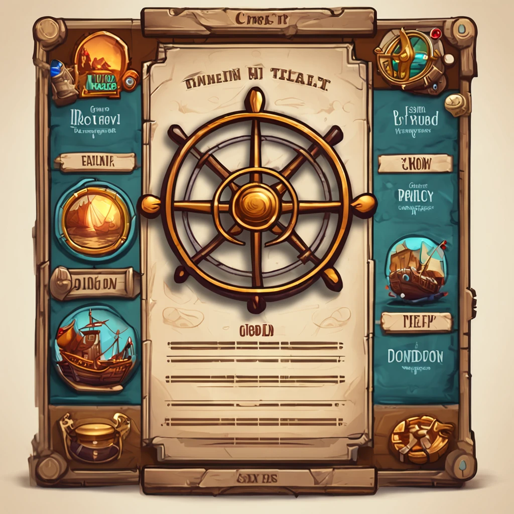 A close-up of a menu with a ship wheel and various icons, Interface do jogo, Interface do jogo, pirate setting, Jogo HUD, game ui asset design, Placa UI, arte do item, game icon asset, game icon stylized, Estilo de cor de Hearthstone, health bar hud, foto menu do restaurante, Captura de tela do PC, tela do jogo, captura de tela detalhada, no oceano, game overlay, .png, sem antecedentes