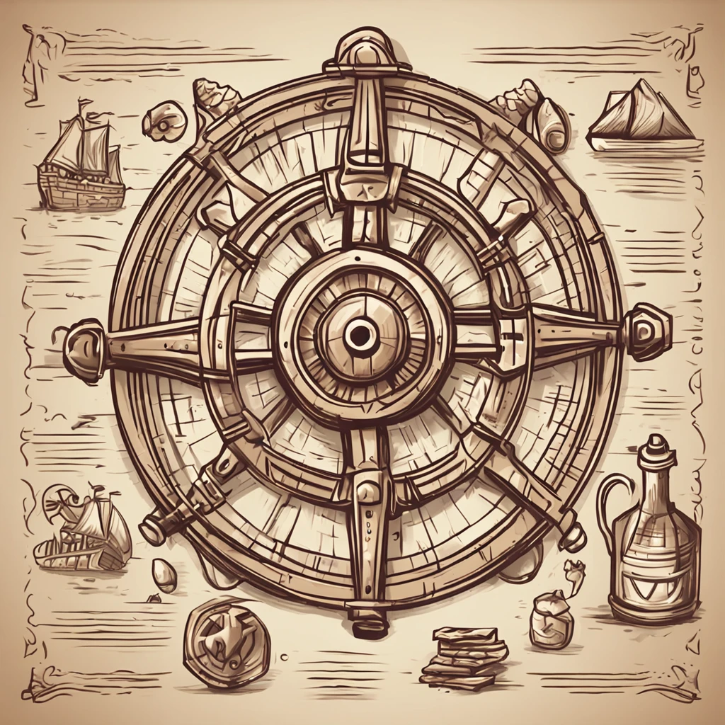 A close-up of a menu with a ship wheel and various icons, Interface do jogo, Interface do jogo, pirate setting, Jogo HUD, game ui asset design, Placa UI, arte do item, game icon asset, game icon stylized, Estilo de cor de Hearthstone, health bar hud, foto menu do restaurante, Captura de tela do PC, tela do jogo, captura de tela detalhada, no oceano, game overlay, .png, sem antecedentes