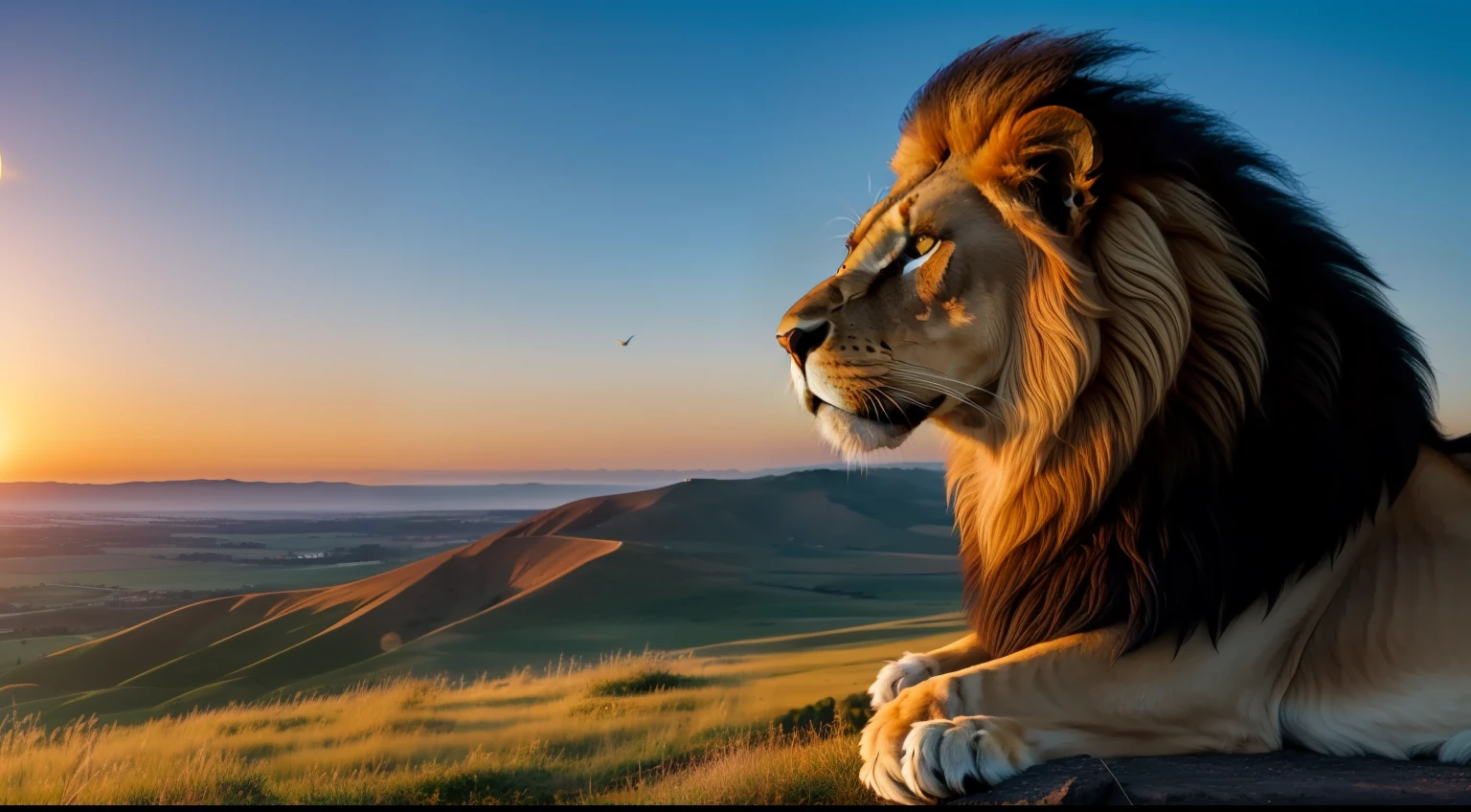 (A lion sitting on the edge of a hill, observing the sunset), (best quality,4k,highres,masterpiece:1.2), ultra-detailed,(realistic,photorealistic,photo-realistic:1.37), (landscape), (vivid colors, warm tones), (studio lighting), (lion's muscular build), (golden mane gently swaying in the wind), (long shadows cast by the setting sun), (majestic posture and focused gaze), (peaceful and serene atmosphere), (blazing orange and purple hues in the sky), (lush green grass on the hill), (silhouette of nearby trees), (soft breeze rustling the lion's mane), (golden sunlight illuminating the lion's face), (subtle play of light and shadow on the lion's fur), (captivating scene with a sense of tranquility), (stunning natural beauty), (dramatic perspective), (deep sense of connection with nature).