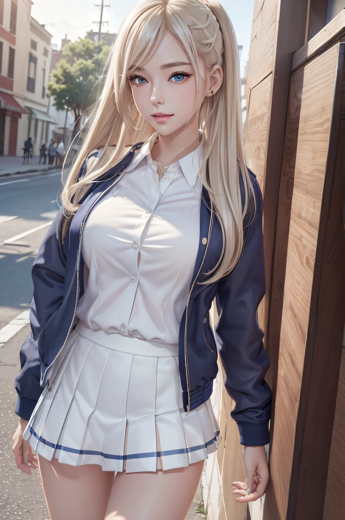 (Best quality, 8k, 32k, Masterpiece, UHD:1.2), (realistic:1.5), (masterpiece, Extremely detailed CG unity 8k wallpaper, best quality, highres:1.2), (ultra detailed, UHD:1.2), (cowboy shot:1.3), BREAK, (wearing a school girl Uniforms, navy jacket:1.3, white collared shirt:1.3, plaid pleats skirt:1.3, white sneakers:1.3), bright expression, shiny white shiny skin, Best Looks, ultimate beauty girl, BREAK, (Platinum blonde hair with dazzling highlights, pony-tail hair style:1.3, shiny light hair, silky straight hair, Beautiful bangs that shine), BREAK, Glowing crystal clear attractive blue eyes, Very beautiful nice cute, Lush bust, Masterpiece, best quality, captures a super cute moment, depth of field, ultra detailed, ultra high resolution, C4D, Octadale, 3D modeling, 8k, 16k.,high_school_girl