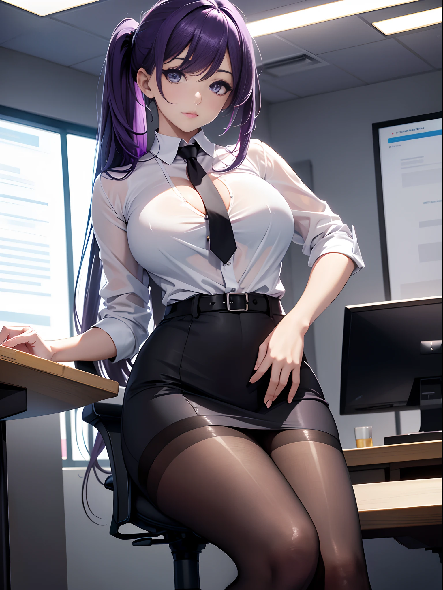 absurderes, 8K ,A high resolution, Ultra detailed, Beautiful, Masterpiece, Best quality, (Beautiful and delicate silver eyes), (1girll) ,A sexy beautiful young woman working as office OL (Office Lady),white button-down blouse,There is a collar,Black Slit Skirt,(Black pantyhose),Long legs ,Detailed legs,High heels,Side ponytail , bangs,full bodyesbian,Big breasts,cleavage,Purple hair,