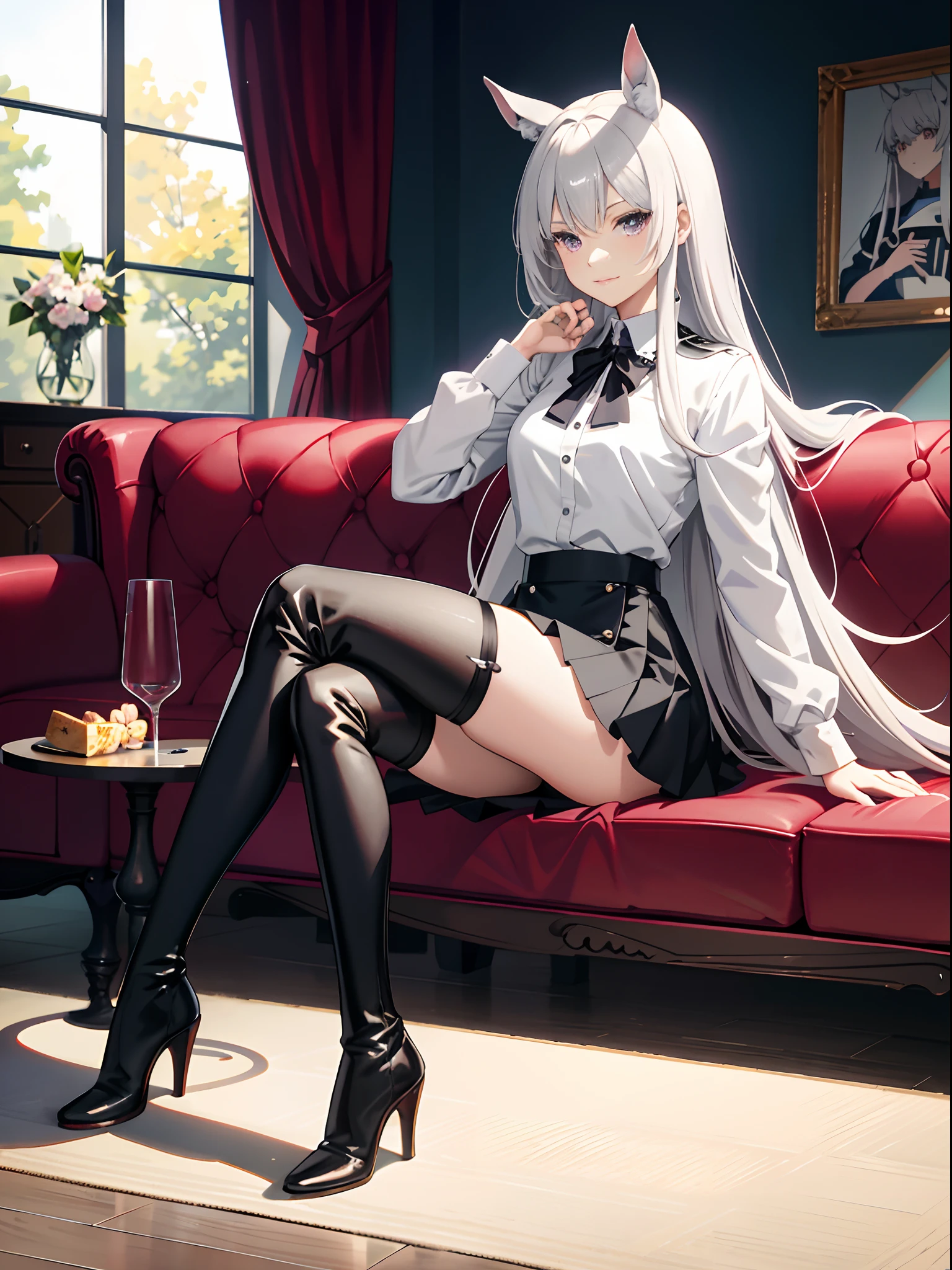 woman, stoic, straight silver hair, blue eyes, wearing black long sleeve turtleneck sweater, pencil skirt, long boots, medium breasts, eyelashes, panty hose, (full body), exposed shoulders, sitting on chair drinking wine in a restaurant, elegant, pearl necklace