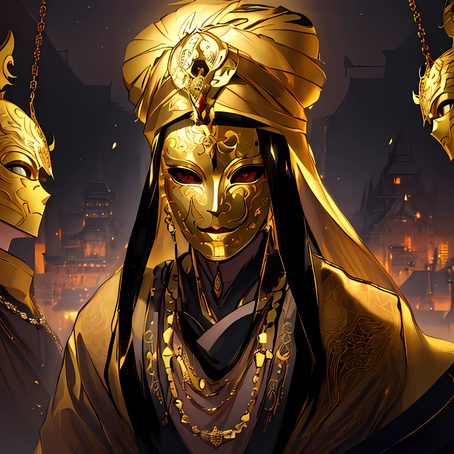 there is a man wearing a mask and a gold necklace, golden mask, gold mask, a man wearing golden mask, artwork in the style of guweiz, guweiz masterpiece, trending on artstation pixiv, a beautiful artwork illustration, stunning digital illustration, guweiz on pixiv artstation, ornate mask and fabrics