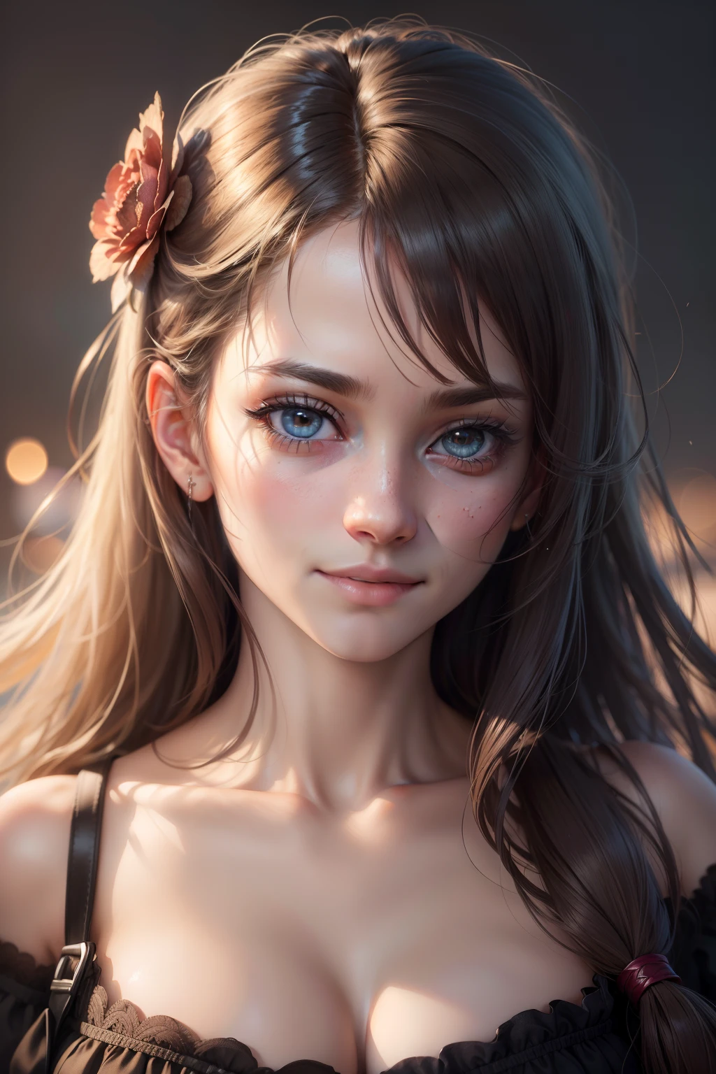 (realistic, photo-realistic:1.37),(8k, RAW photo, best quality, masterpiece:1.2), cute, ultra-detailed,heart-shaped pupils,physically-based rendering, ultra high res, kodakvision color, shot on Arricam LT Camera, bokeh, sharp focus,
looking at viewer,photorealistic,realistic, solo, photorealistic, best quality,extremely detailed face,extremely detailed eyes and face, beautiful detailed eyes,absurdres, incredibly absurdres,haunting smile,Messy hair, floating hair, ,