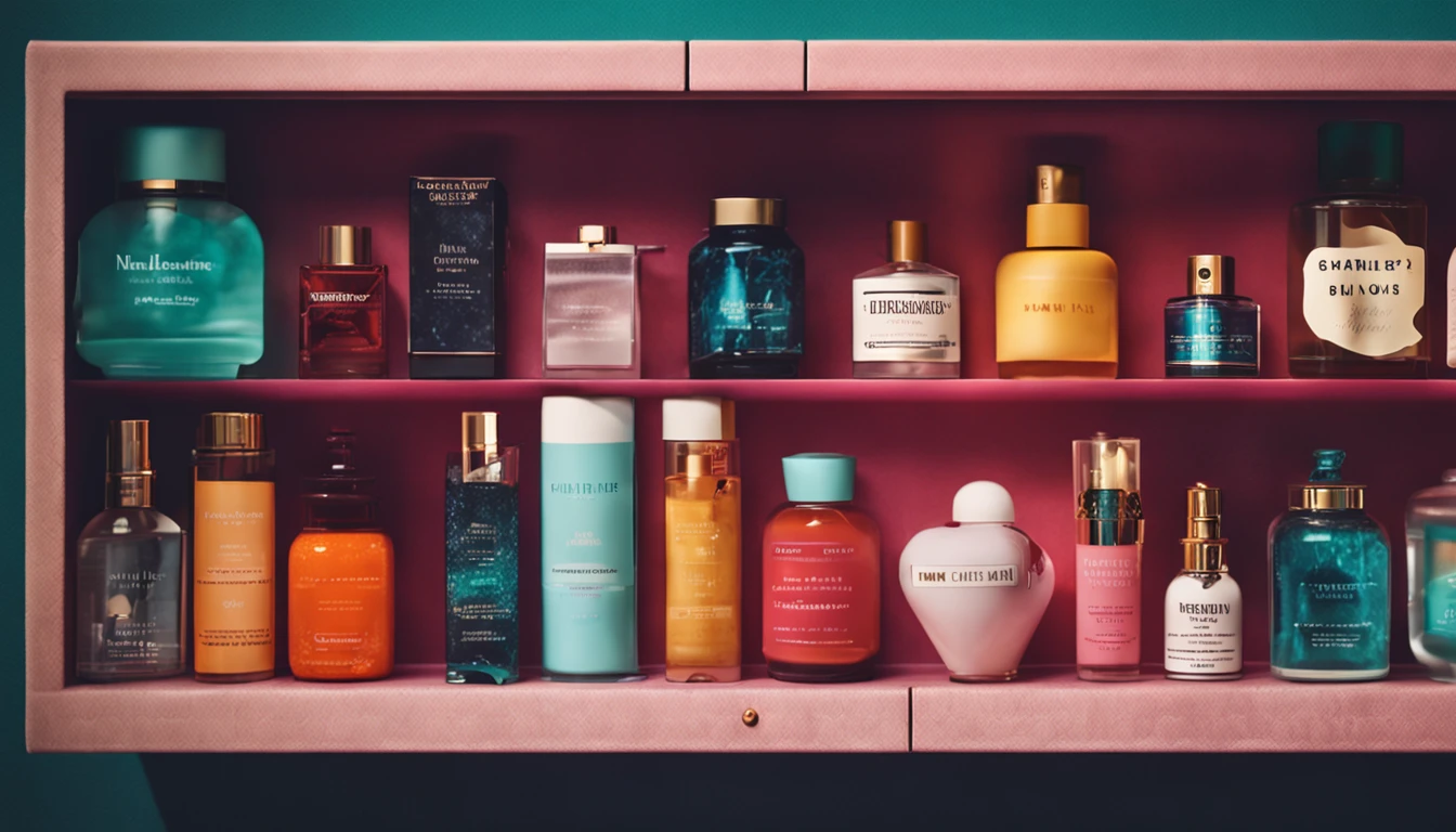 a small cabinet with perfumes