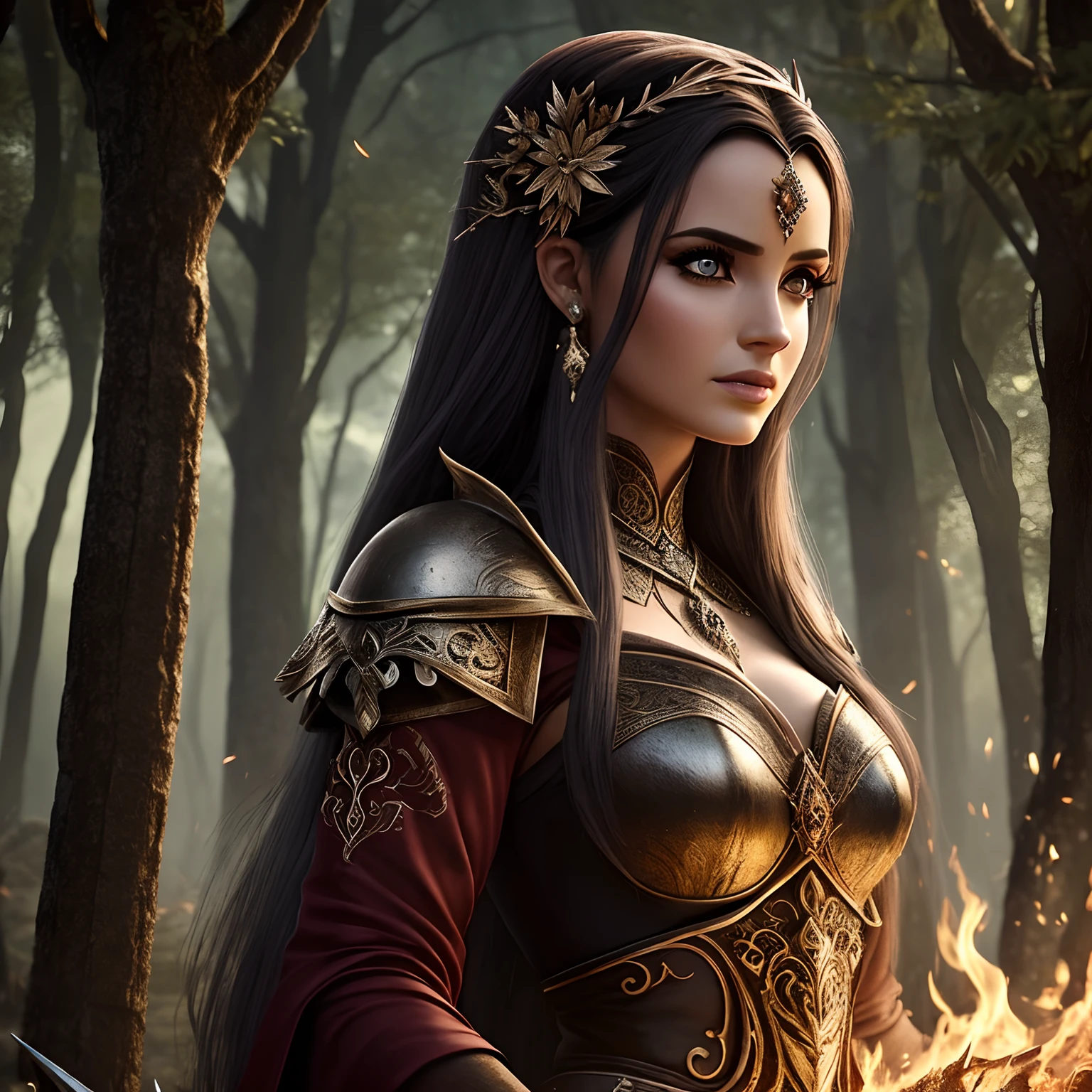 mulher elfa infernal, sexy, pele clara, noite, escuro, linda, cabelos brancos, olhos vermelhos, roupa preta, brilho, hiperrealista, concept art, medieval, epic, fantasia, princesa, guerreira, floresta, montanhas, 2.5d cgi
