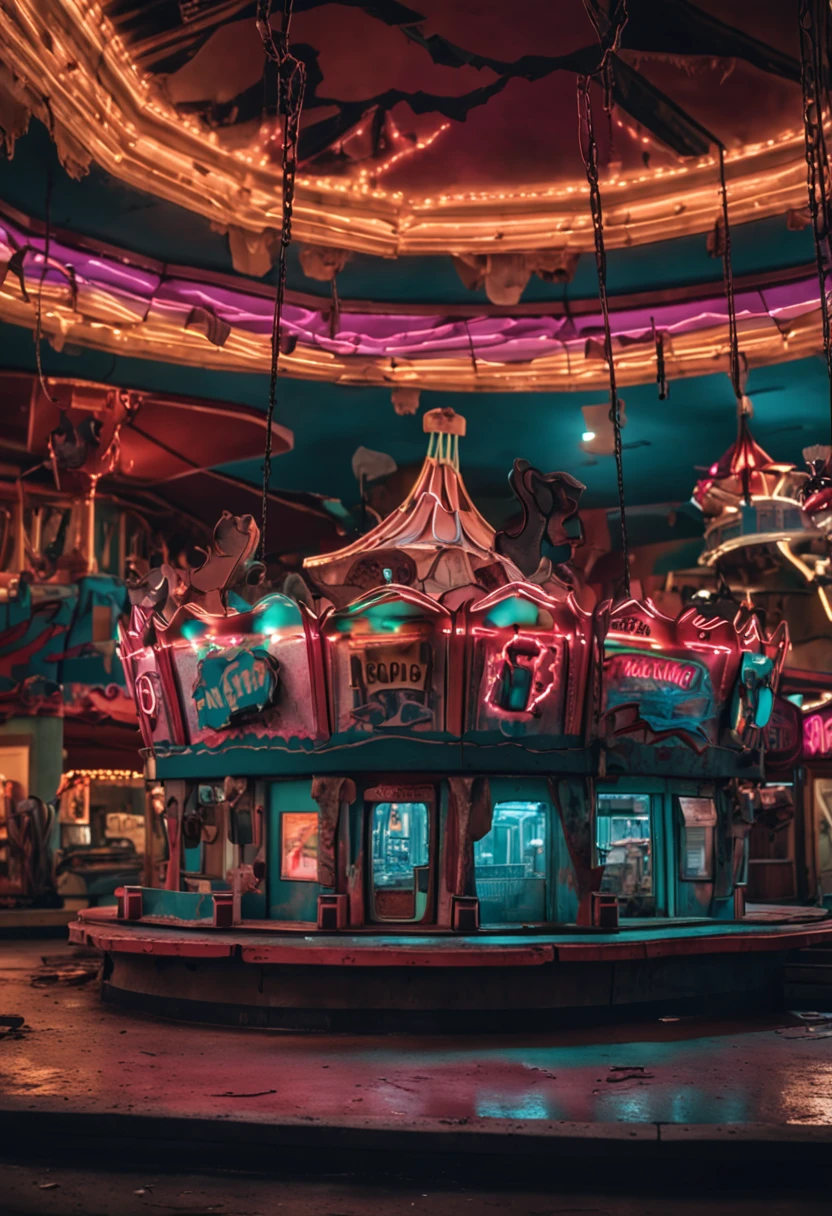 creepy horror abandoned amusement park shops, horror. 8k, realistic , very detailed, sharp focus, top quality, masterpiece, photographic --auto