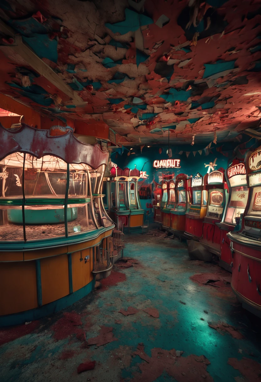 creepy horror abandoned amusement park shops, horror. 8k, realistic , very detailed, sharp focus, top quality, masterpiece, photographic --auto