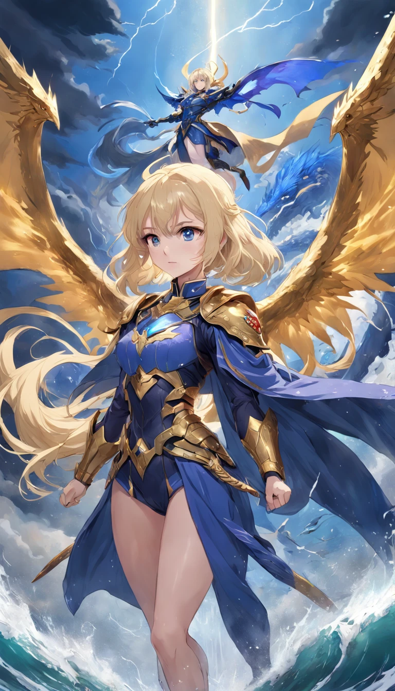 Two girls confront the mighty golden angel, ((One has black hair and a blue cape)), ((One is blonde in purple china combat uniform)), Lightning and water, The girls have the power of a blue dragon, speed lines, dutch angle, wide shot, Wide-Angle, UHD, masterpiece, ccurate, textured skin, super detail, high details, award winning, best quality, 16k, highres