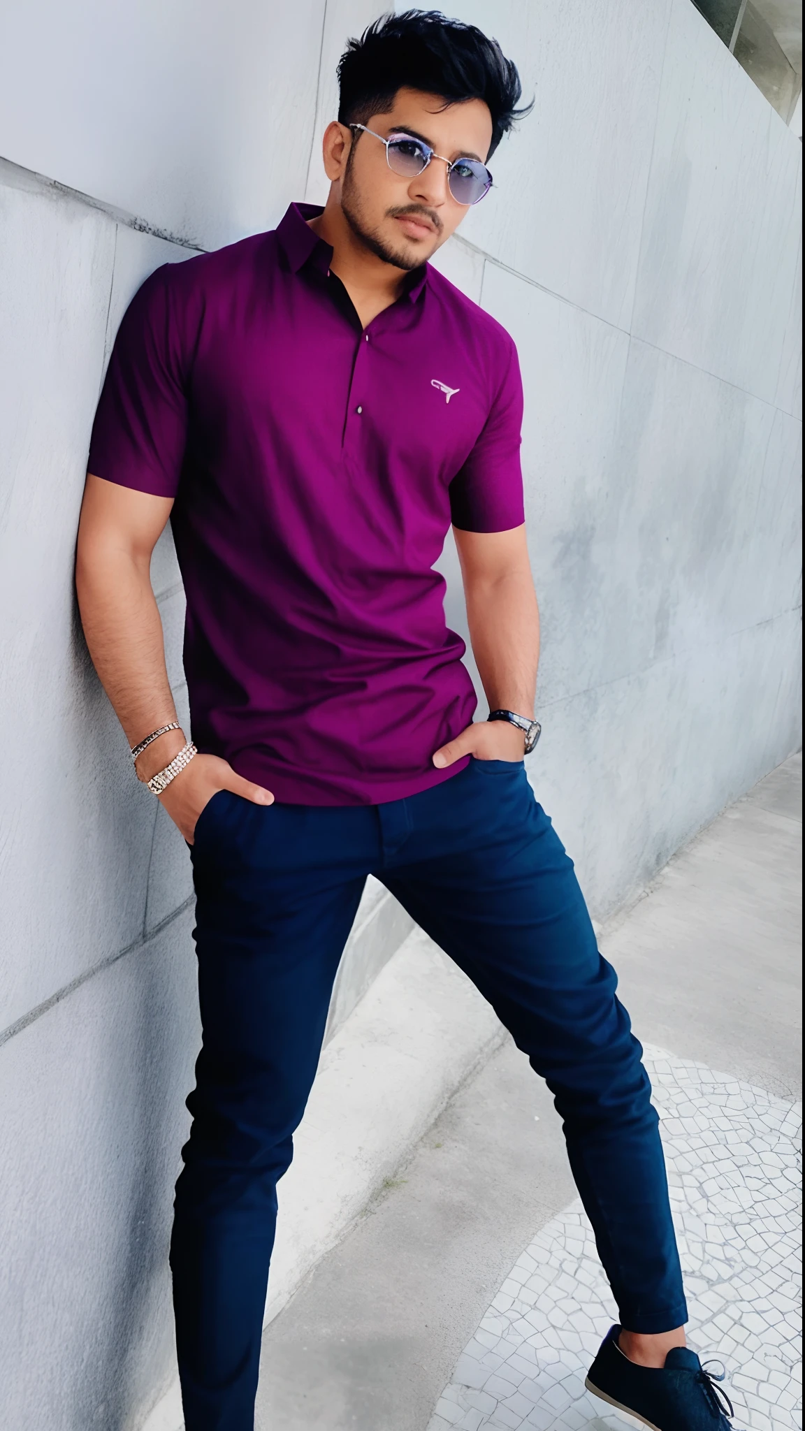 arafed man in a purple shirt and blue pants standing against a wall, magenta shirt, jayison devadas style, full body photogenic shot, wearing in shirt, * colour splash *, edited, edited in photoshop, !! low contrast!!, with a cool pose, stylish pose, casual photography, candid picture, outfit photograph, with lovely look, profile pic
