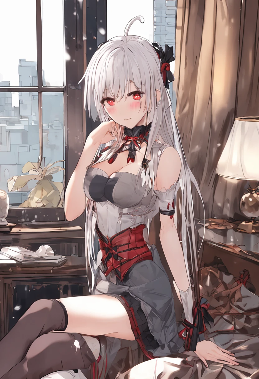 NSFW、masterpiece、Top image quality、high detailing、abajour、window、(nighttime scene:1.3)、nighttime scene、(red eyes:1.4)、Delicate interior design、Longhaire、1girl in、(Boob emphasis:1.5)、(White hair)、length hair、red blush、(a beautifulchi girl)、cute little、((maikurobikini))、overknee socks、((garterbelts))、((corsets))、((Eye lashes))、huge-breasted、(cleavage of the breast)、((A smile))、knee sox、Long Globe、耳环、Character Center、Kamimei、(((I can see panties)))、thigh high boots、Big buttocks、Tsuriformes、pretty pose、on the beds、Small pants、(dynamic ungle:1.5)、Blunt bangs