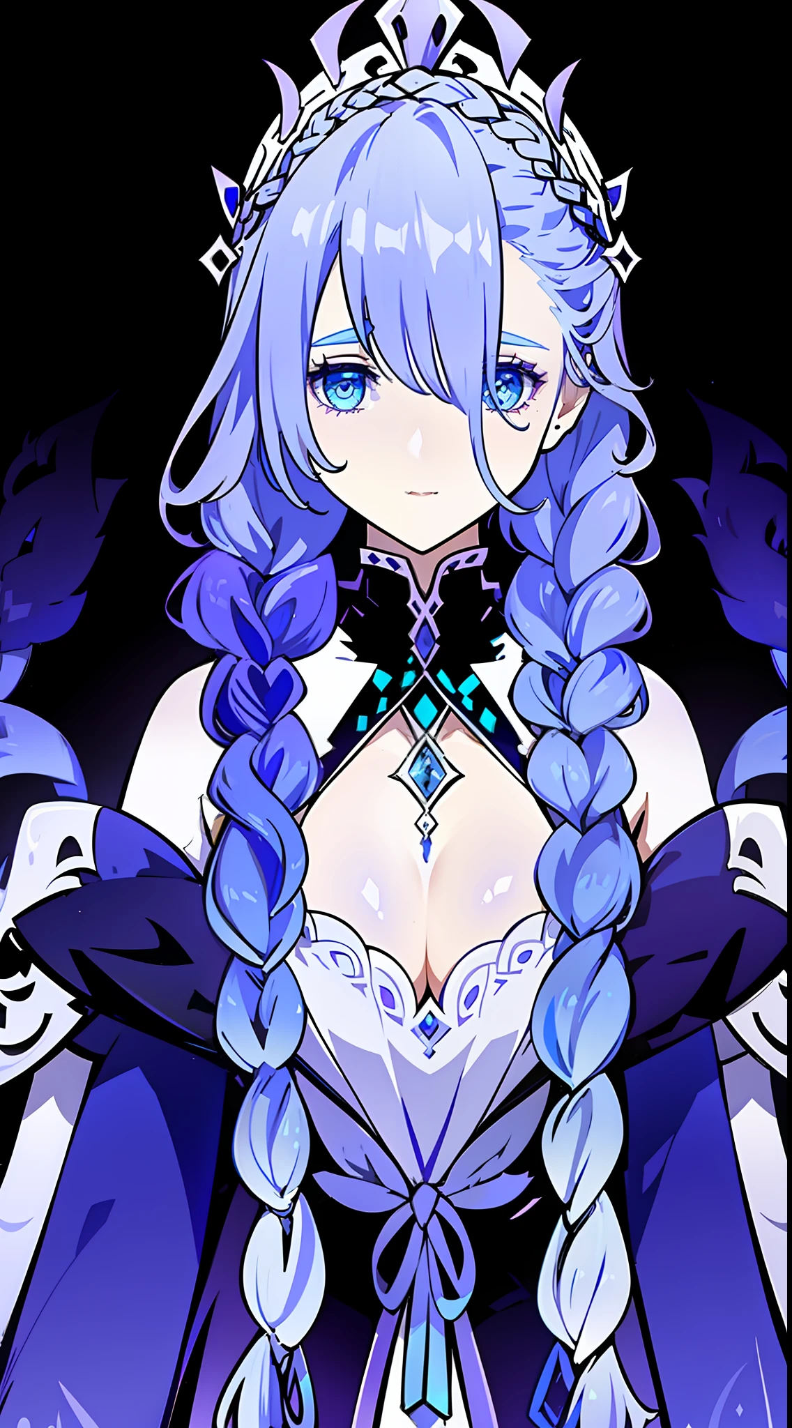 Very long white braided hair,light blue eyes,purple feather on her head,purple and dark blue shades outfit,suit,fluffy coat resting on her shoulders,purple nails,big breasts,fatui harbinger