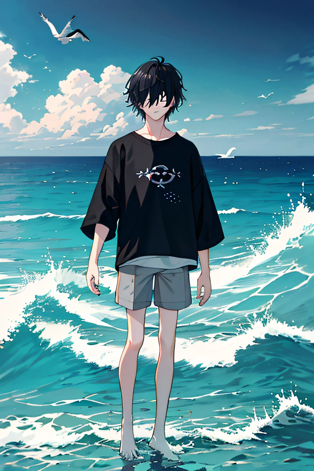 (best qualtiy)(4K)(Dark melancholy painting style+Sea backgroun),(The ocean looks oppressive)(There is only one male character:Around )、(黑The eye)、(Black hair+covering eyes)、(eye detailed),(short detailed hair)、(The upper part of the body)(There are seagulls in the ocean,There are ships far away)